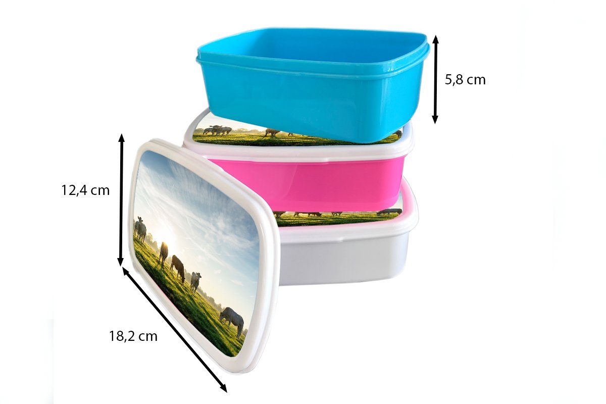 Brotbox Sonne MuchoWow für Gras, Kunststoff, - Brotdose, Kinder und weiß Lunchbox Kühe Mädchen und (2-tlg), Erwachsene, für Jungs -