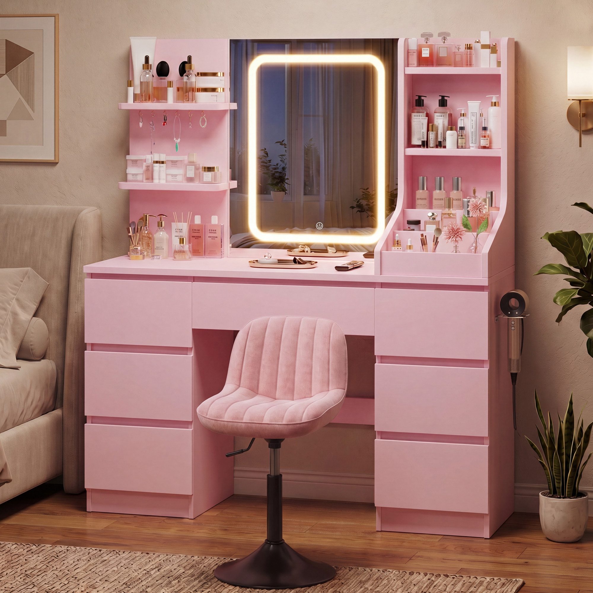 HOMALL Schminktisch Spiegel mit LED-Beleuchtung, 7 Schubladen (Maße: 110 × 40 × 139 cm, drei einstellbare Farbtemperaturen, mit 8 offenen Ablagefächern, 6 Schmuckhaken, 2 Steckdosen, 1 USB-Anschluss, 1 Typ-C-Anschluss und einer Haartrocknerhalterung)