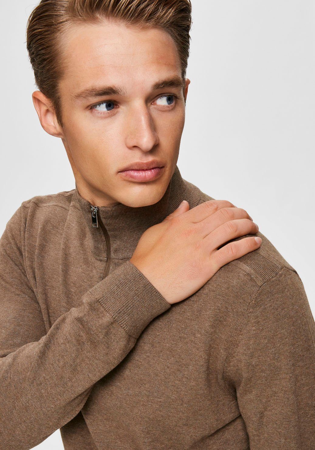 CARDIGAN SLHBERG NOOS SELECTED beige ZIP HALF HOMME Strickpullover