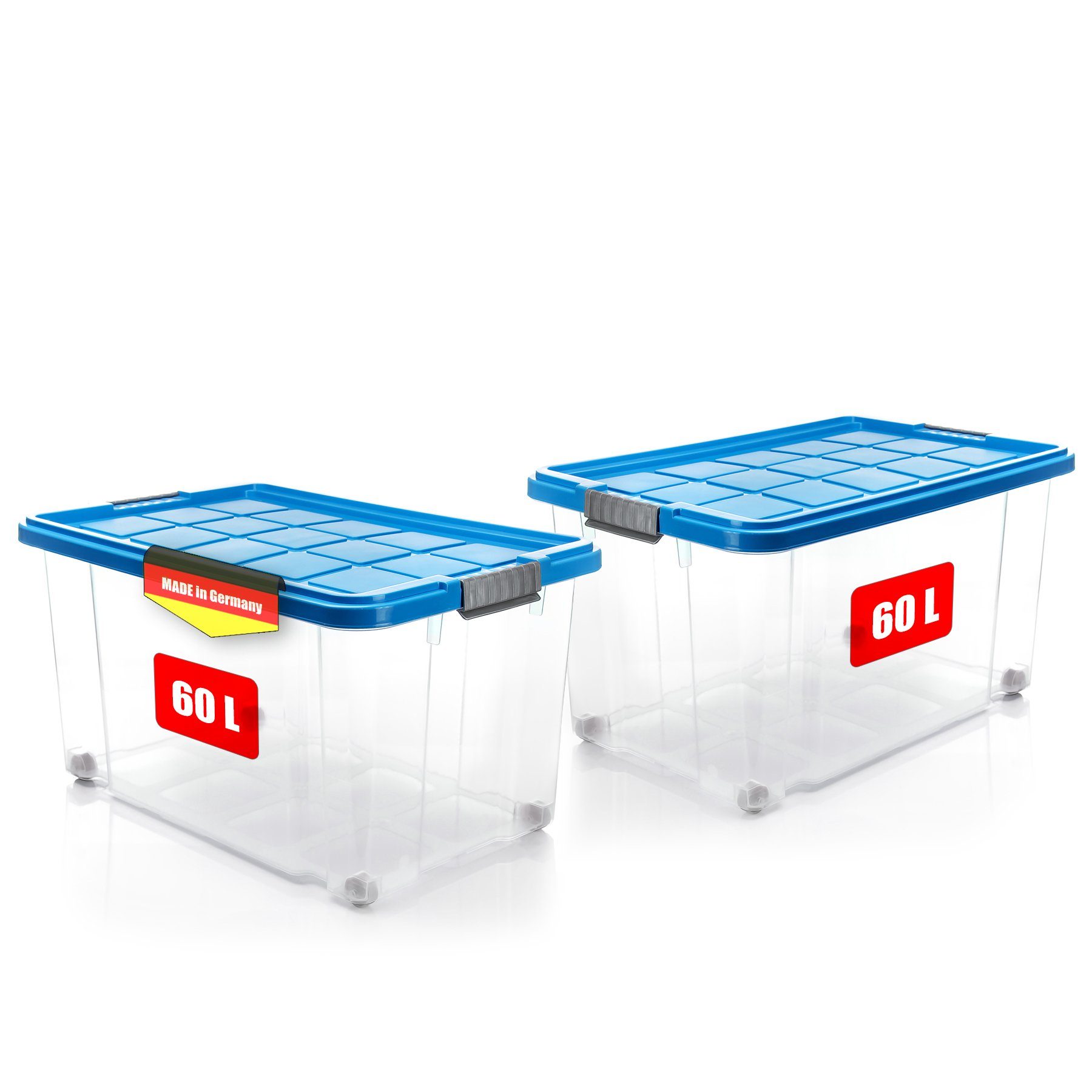 BigDean Aufbewahrungsbox 60 L mit Deckel groß – robuste Stapelbox rollbar mit Klickverschlüssen (Set, 2 St., Aufbewahrungsbox + Deckel + Rollen), Sicher Stapelbar, Platzsparend, Transparent, Rollen, Klickverschlüsse