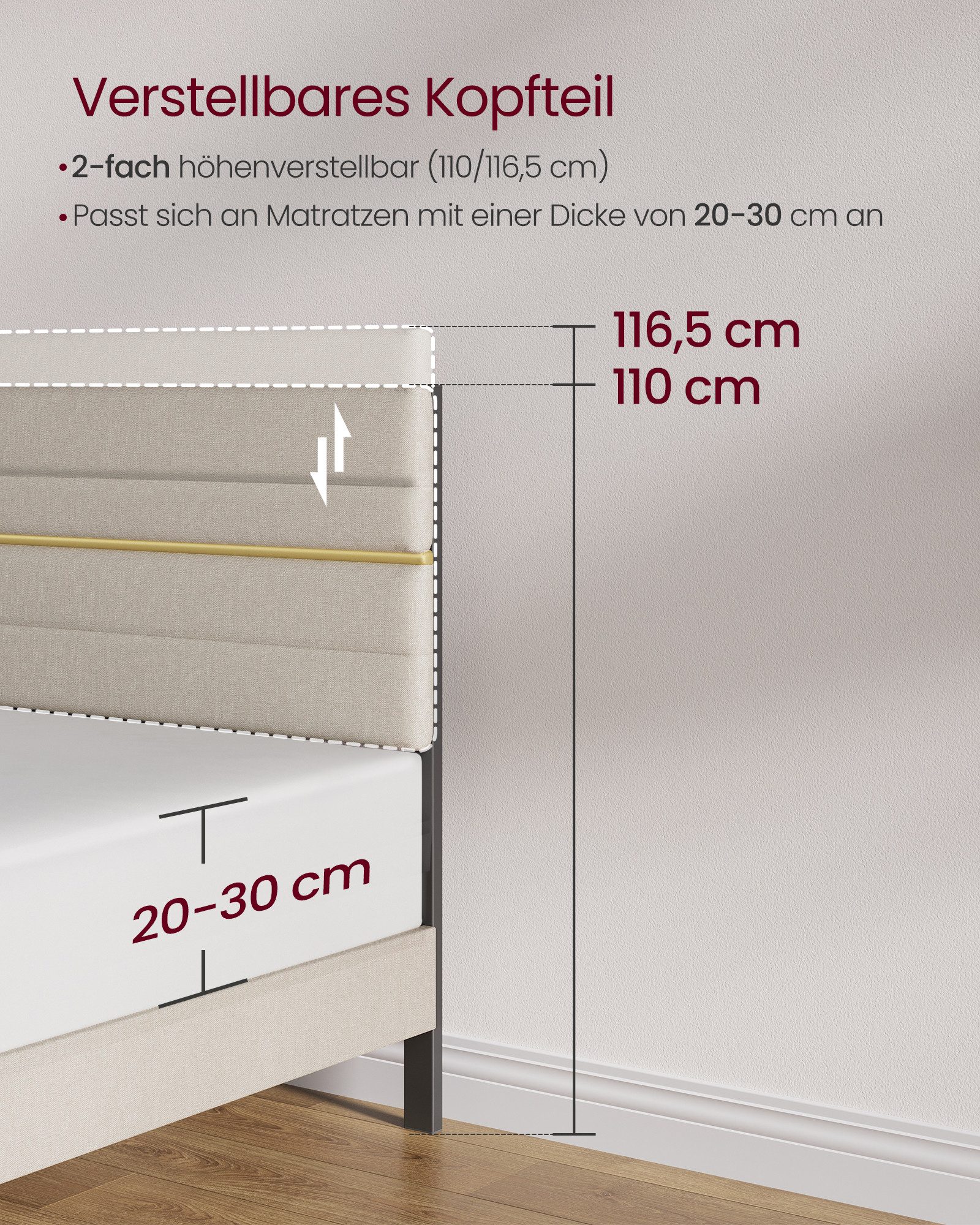VASAGLE Polsterbett Doppelbettgestell verstellbares gepolstertes Kopfteil, Massivholz, modern, passend für 140 x 200 cm Matratze, Bettgestell – Bild 5 von 5
