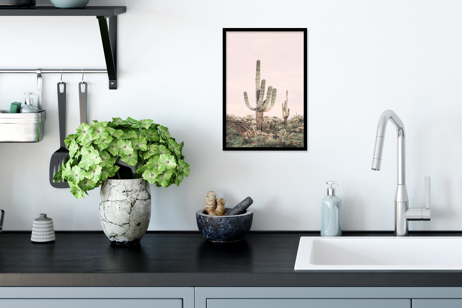Grün Natur Bilder, Kaktus - Schwarzem Pflanzen, St), (1 MuchoWow Wandposter, Gerahmtes Poster, Wanddeko, Bilderrahmen - Poster -