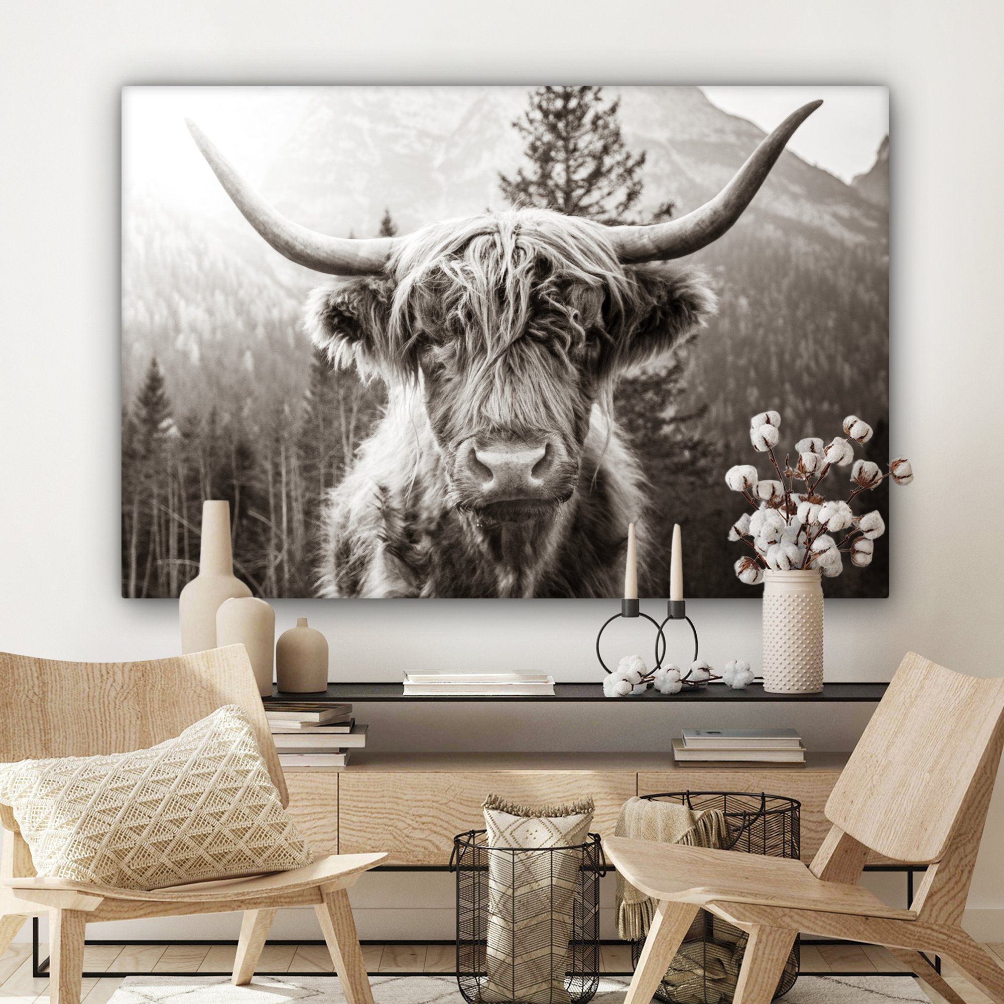 OneMillionCanvasses® Leinwandbild Schottischer Highlander - 120x80 Wohnbereiche, XXL, Wandbild für Kuh - cm alle Schwarz St), großes, (1 Gemälde, - Weiß, - Tiere