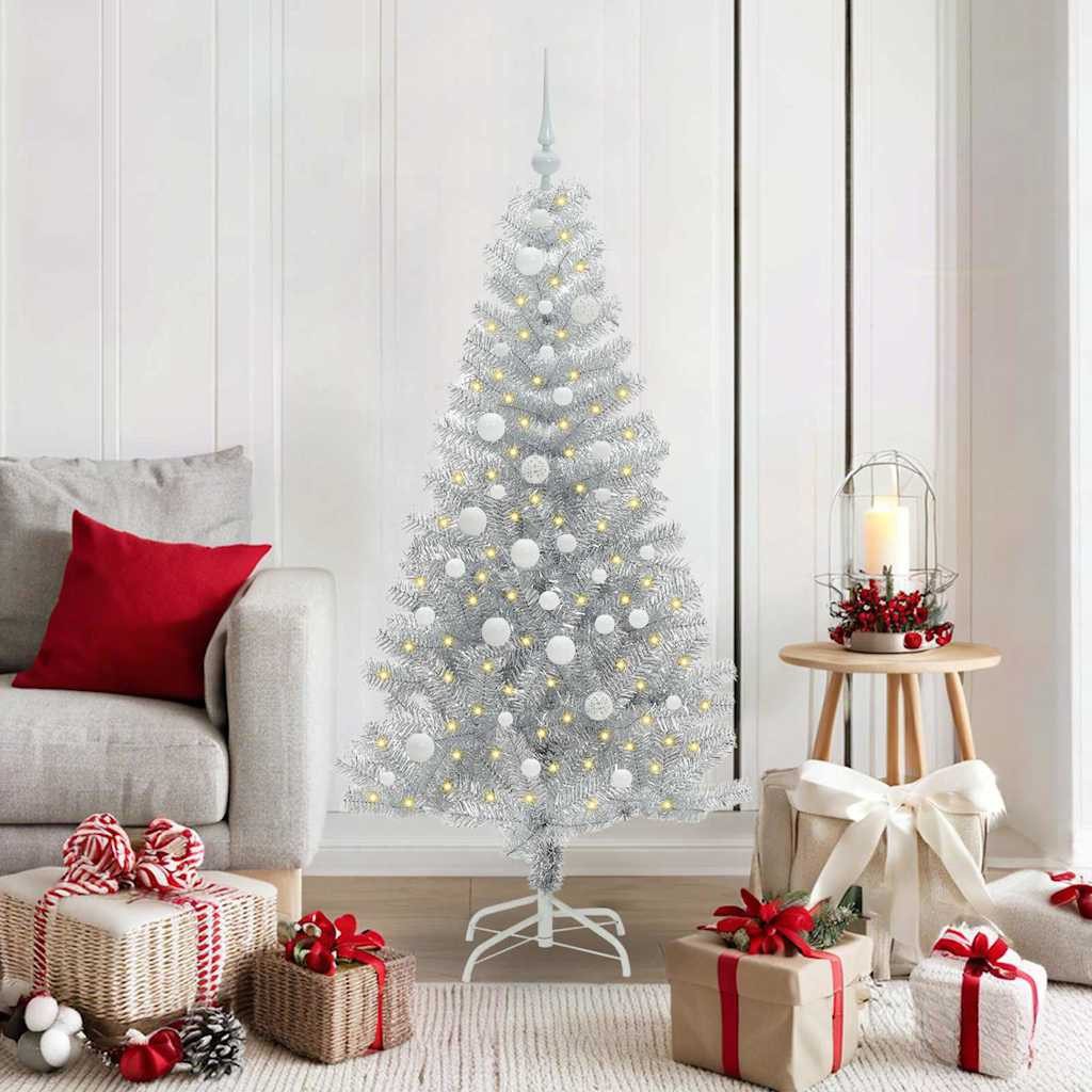 vidaXL Künstlicher Weihnachtsbaum, Weihnachtsbaum mit 150 LEDs mit Ständer Silber 150 cm PET