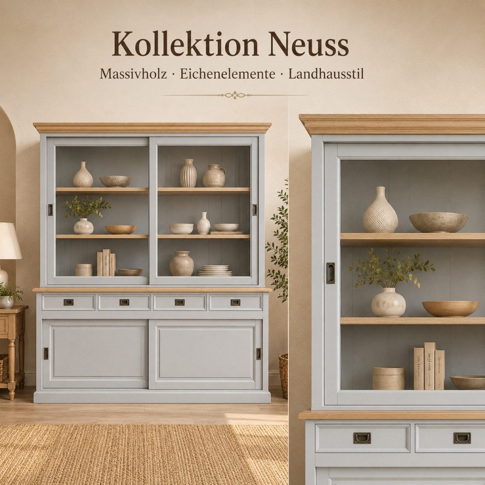 Wohnpalast Vitrine Vitrinen Schrank Neuss lichtgrau/eiche 200 cm - Glasvitrine Wohnzimmer