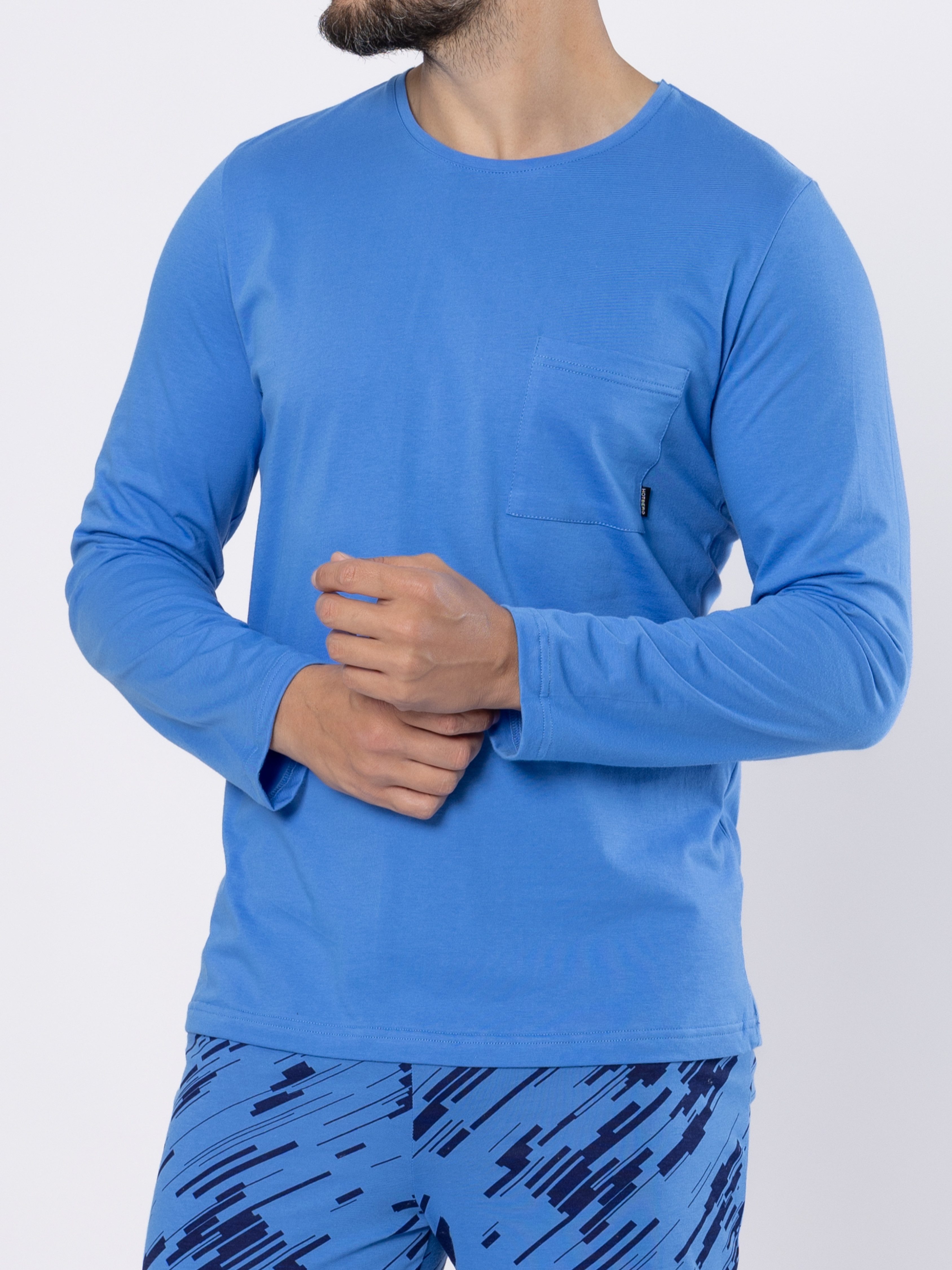 HOTBERG Pyjama Schlafanzug-Set Herren lang Baumwolle (2 tlg) Blau-Marine Nachtwäsche mit All-Over-Print