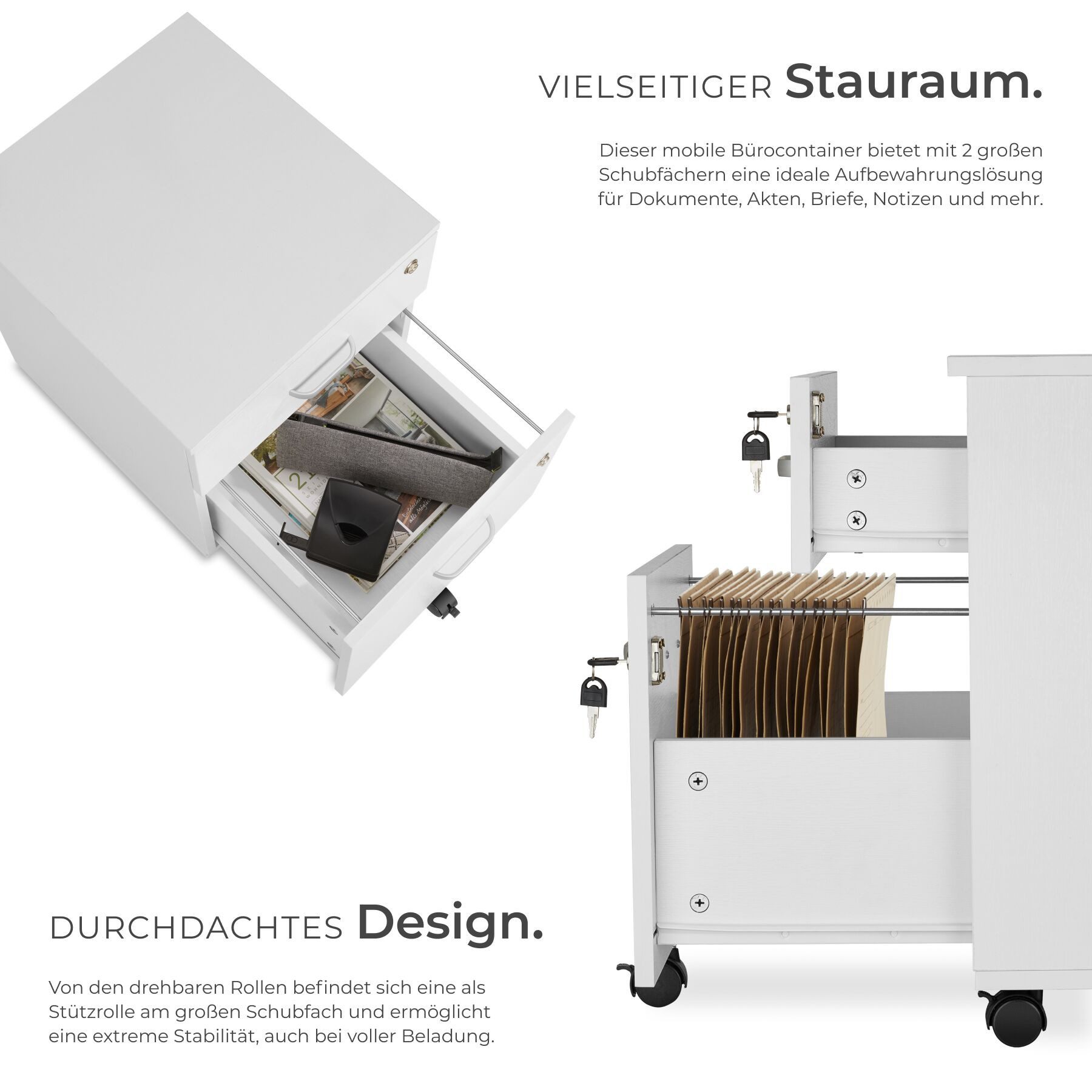 tectake Rollcontainer Rollschrank Vagur, 2 abschließbare Schubladen, mit 2 Schubladen für Dokumente im A4 Format