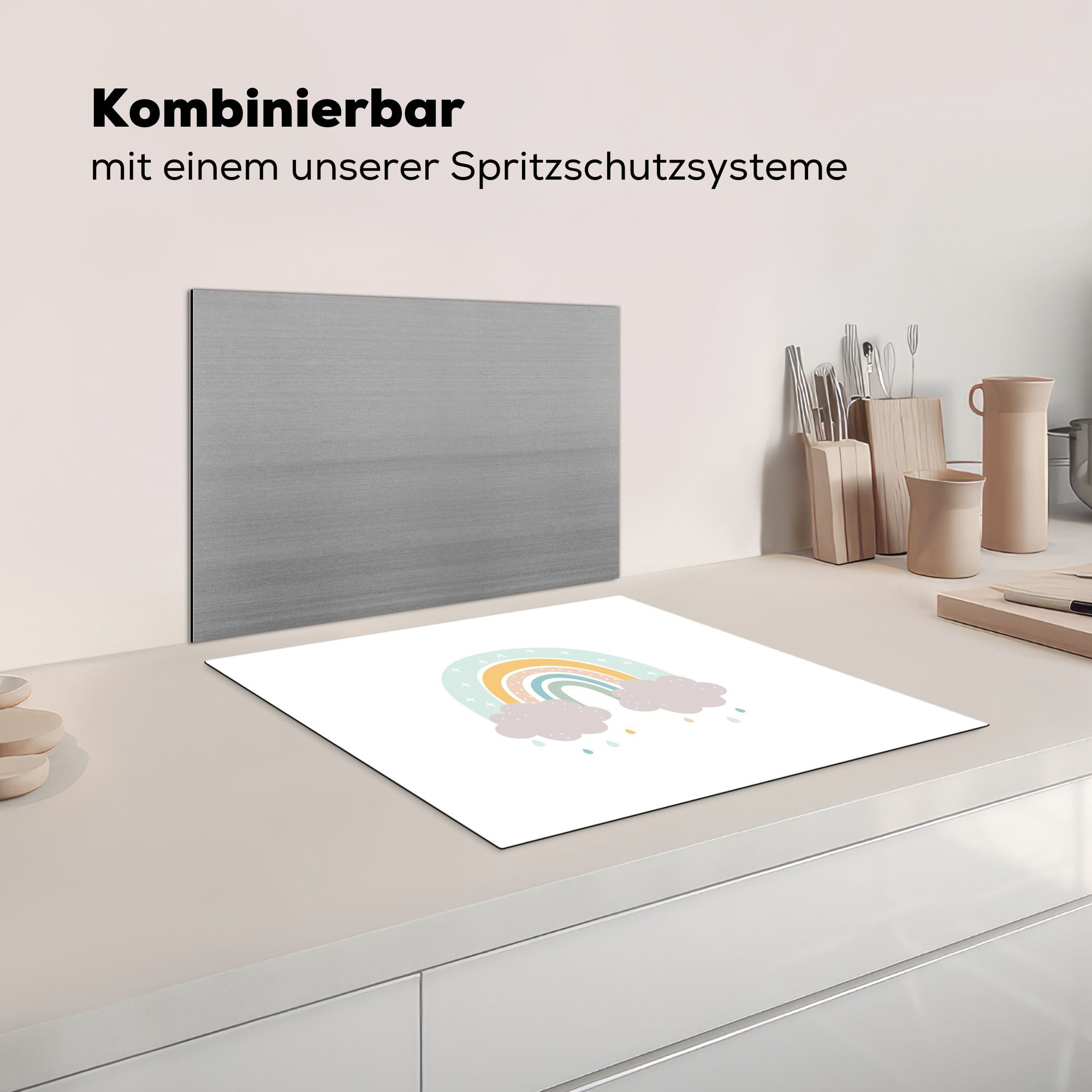 Kinder Vinyl, cm, Ceranfeldabdeckung Pastell, - MuchoWow - nutzbar, tlg), - (1 Regen Arbeitsfläche Wolken 60x52 Regenbogen Herdblende-/Abdeckplatte Mobile -