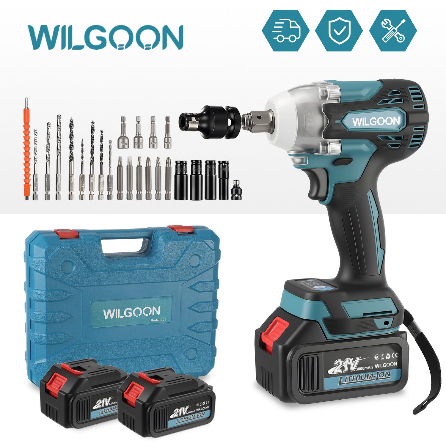 oyajia Akku-Schlagbohrschrauber 320Nm 1/2 Zoll Bürstenloser Elektro Schlagschrauber, 3000mAh Akkus, 21 V, max. 3200 U/min, (mit Aufbewahrungsbox, 4-Modus, inklusive 2x3,0 Ah Akkus & Ladegerät), 2 in 1 Elektro-Schlagschrauber für Reparaturen und Heimwerken