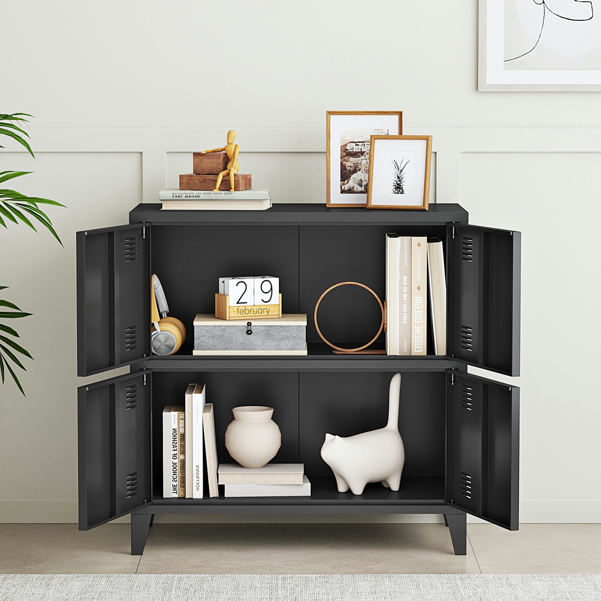 en.casa Mehrzweckschrank »Hamina« Büroschrank mit 4 Türen 80x40x82 cm Schwarz