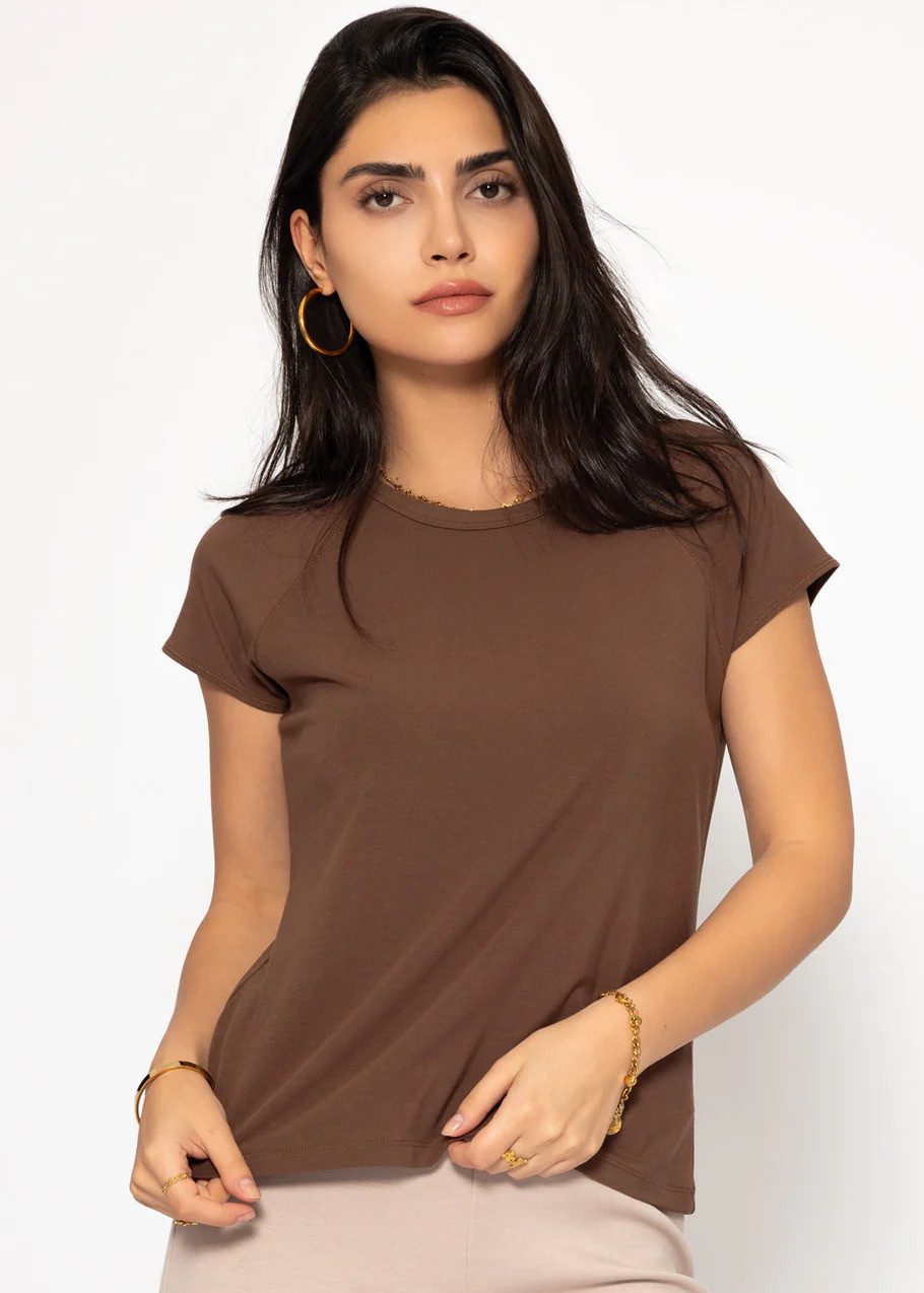 SASSYCLASSY T-Shirt T-Shirt mit Raglannaht für Damen Weiches Shirt aus Viskose mit Rundhalsausschnitt Offwhite Braun Pink