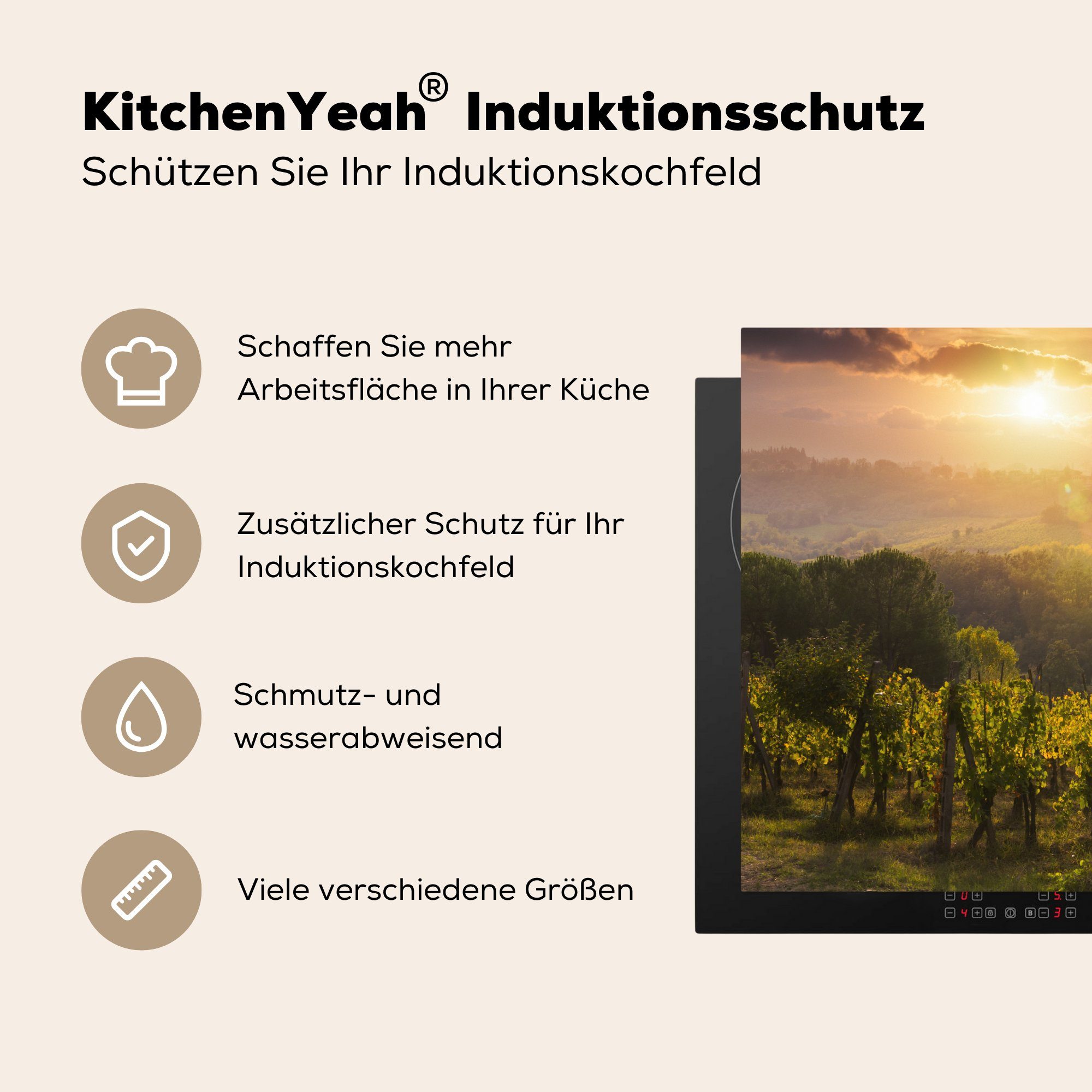 MuchoWow Herdblende-/Abdeckplatte Sonnenaufgang Ceranfeldabdeckung von Gimignano, Mobile Vinyl, italienischen cm, Arbeitsfläche tlg), Feldern über (1 den San 70x52 nutzbar