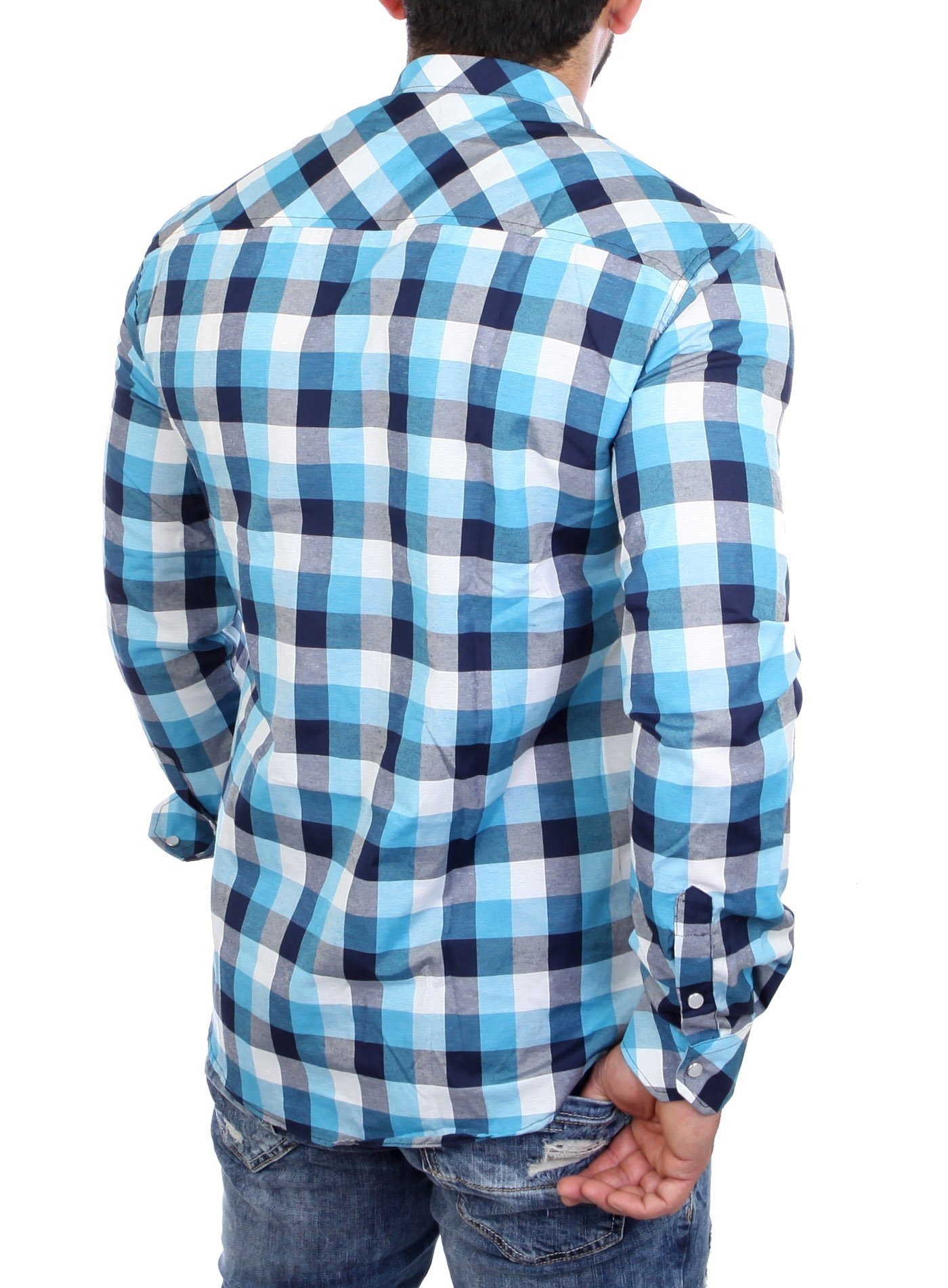 Reslad Langarmhemd Reslad Herren Hemd Karo Material-Mix Jeans RS-7202 (Herrenhemd) kariertes Herrenhemd Material-Mix
