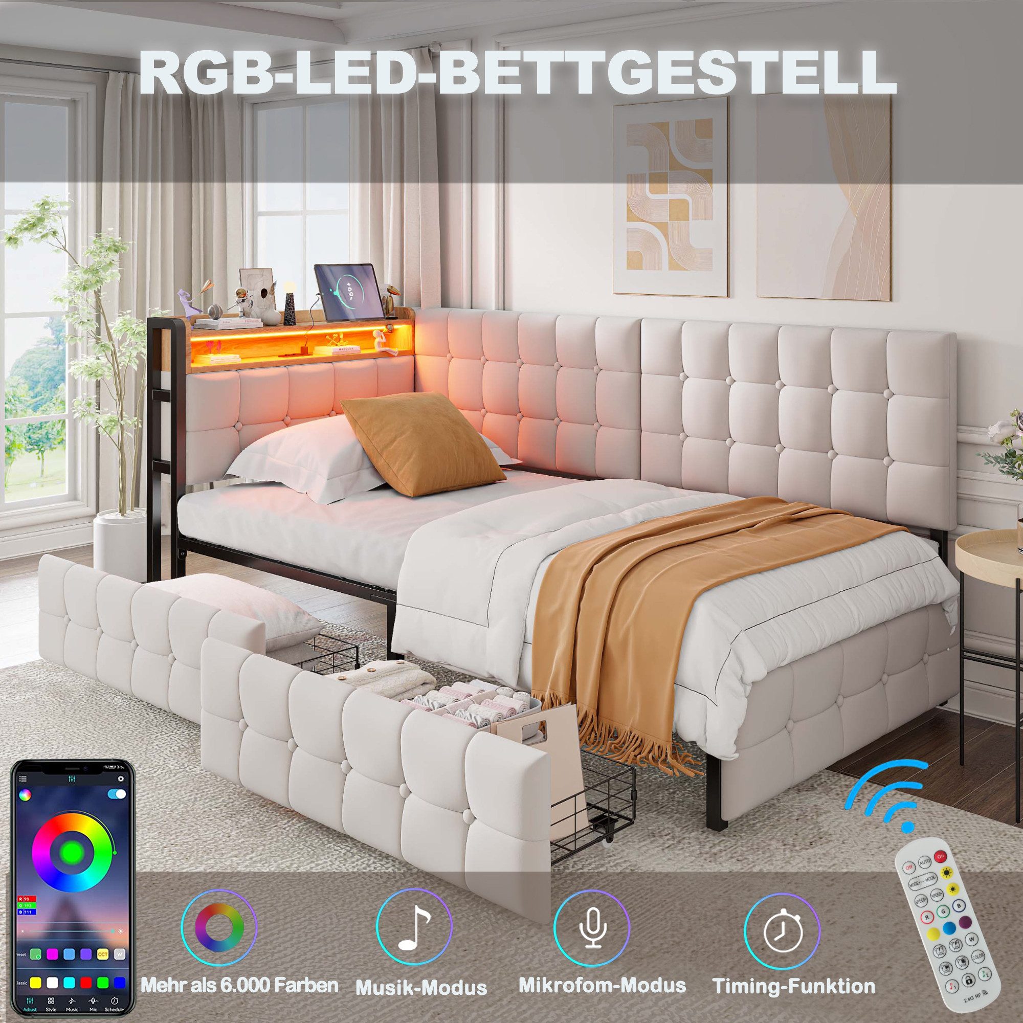 Odikalo Schlafsofa Daybett Stauraumbett Polsterbett USB Schubladen 90x200cm Grau/Beige – Bild 5 von 5