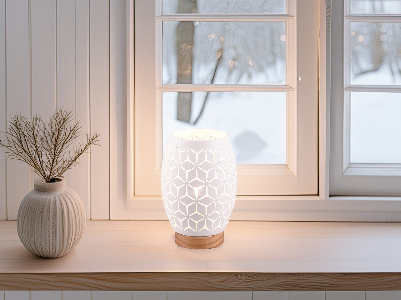 Reality Leuchten LED Nachttischlampe, Dimmfunktion, LED wechselbar, über Schalter in 3 Stufen dimmbar, warmweiß, klein-e besondere mit Holz-fuß für gemütliche Fensterbank, Höhe 21cm