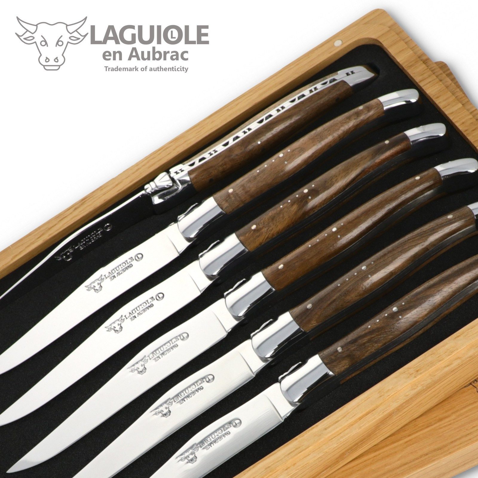 Laguiole en Aubrac Steakmesser 62C99NOIH BRI 6er Set - Griff Nussbaum - Backen glänzend - Klinge glänzend - Holzbox