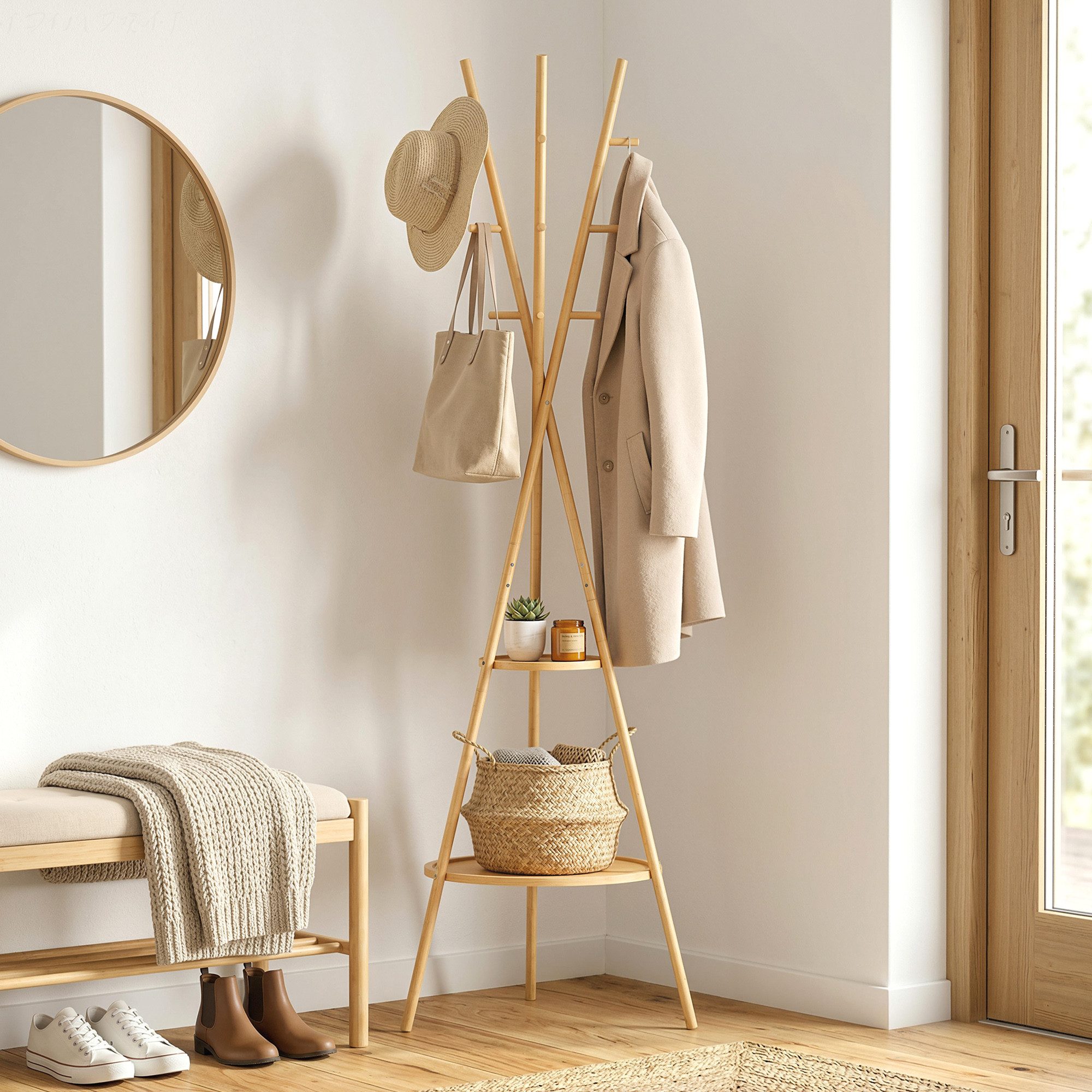 HOMCOM Garderobenständer Jackerständer Garderobe mit 9 Haken, für Flur, Eingangsbereich, (Set, 1 St., 1), aus Bambus, 2 Ablagefächer