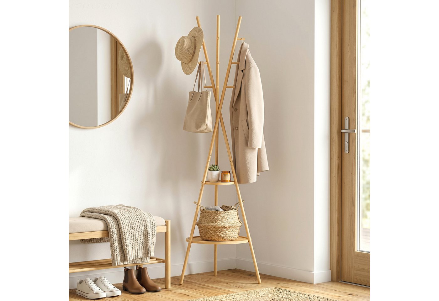 HOMCOM Garderobenständer Jackerständer Garderobe mit 9 Haken, für Flur, Eingangsbereich, (Set, 1 St., 1), aus Bambus, 2 Ablagefächer