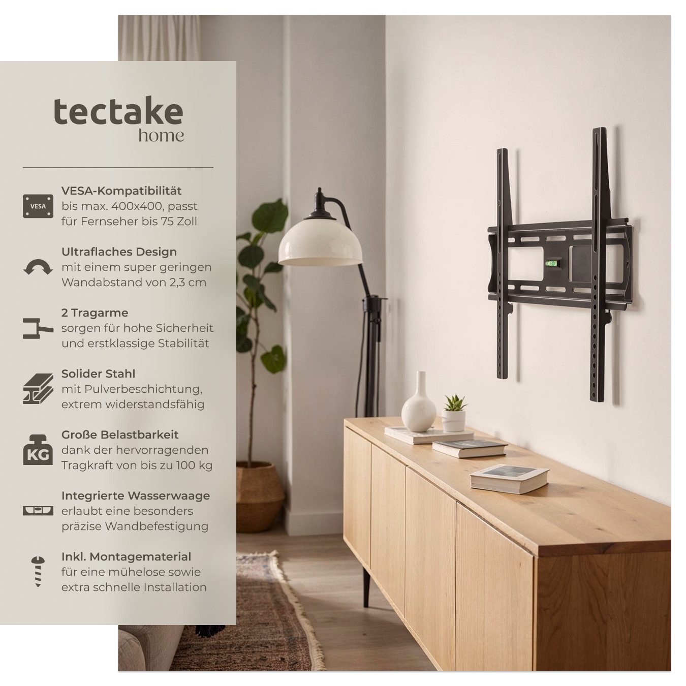 tectake TV-Wandhalterung Fernseherhalterung für 26-75 Zoll (66-191 cm), max. VESA 400 x 400, (bis 75 Zoll, für Flachbildfernseher, bis 100 kg, stufenlos breitenverstellbar, flacher Wandabstand)
