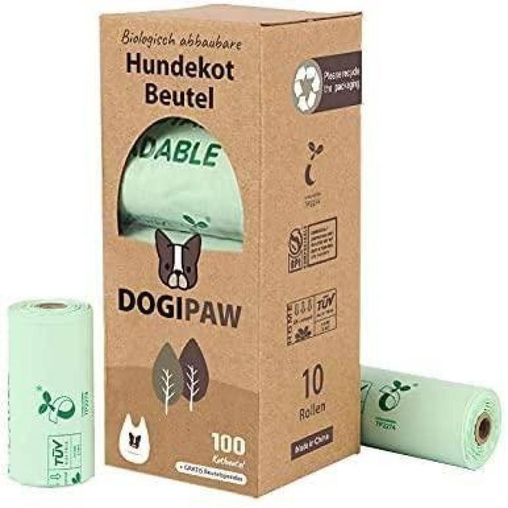 XLYNE Hundekotbeutel DOGIPAW Hundekottüten, 100 Beutel (10 10er Rollen) + Gratisspender, umweltfreundlich (kein Plastik), extra dick, wasserfest, mit Schlaufen