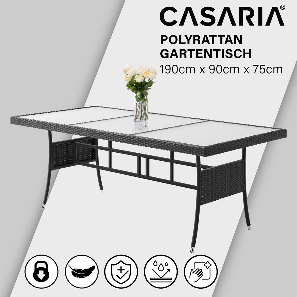 Casaria Gartentisch, Polyrattan 190x90x75cm Milchglasplatte Höhenverstellbar Wetterfest