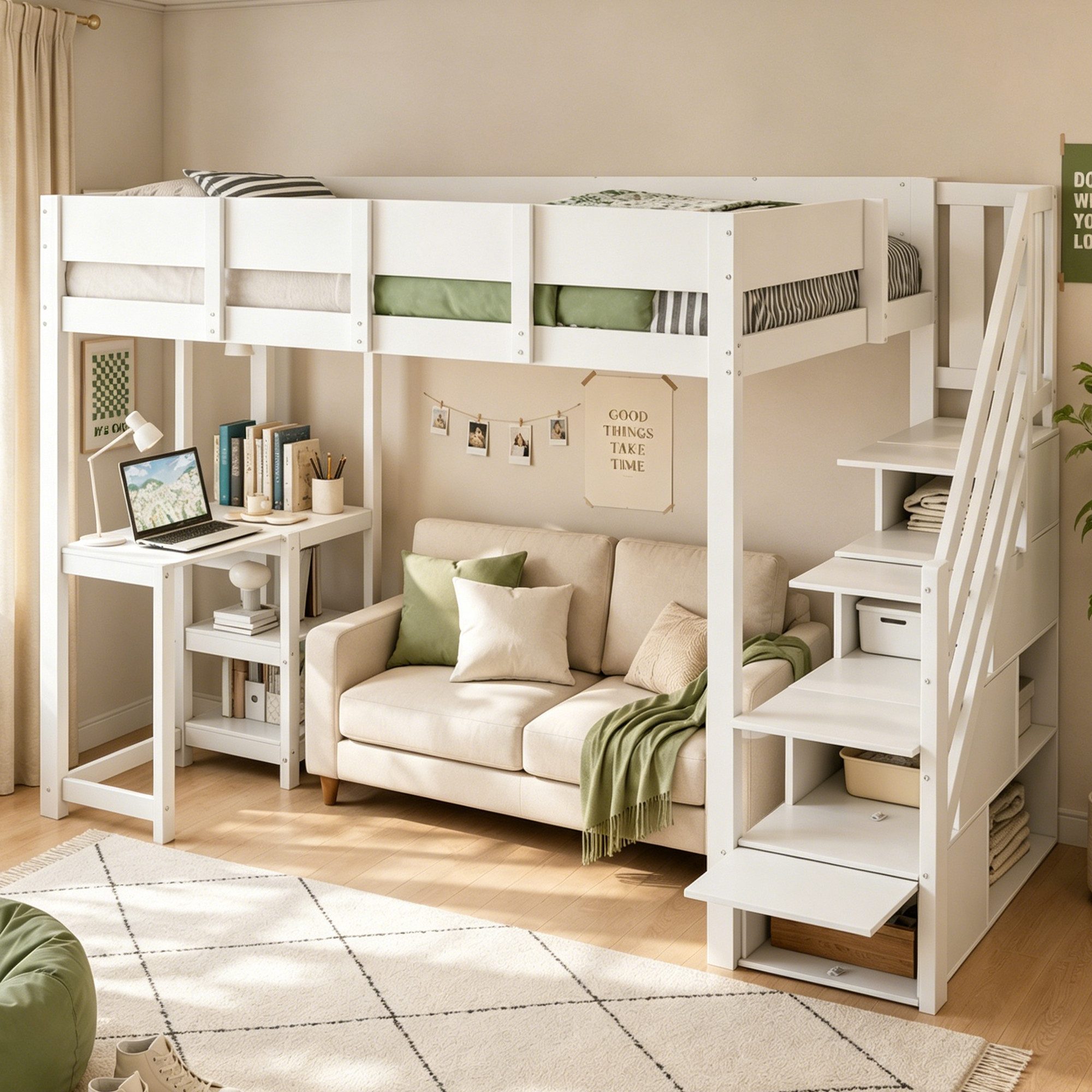 Flieks Hochbett Kinderbett 90x200cm mit Stauraumtreppe, Regale und Schreibtisch
