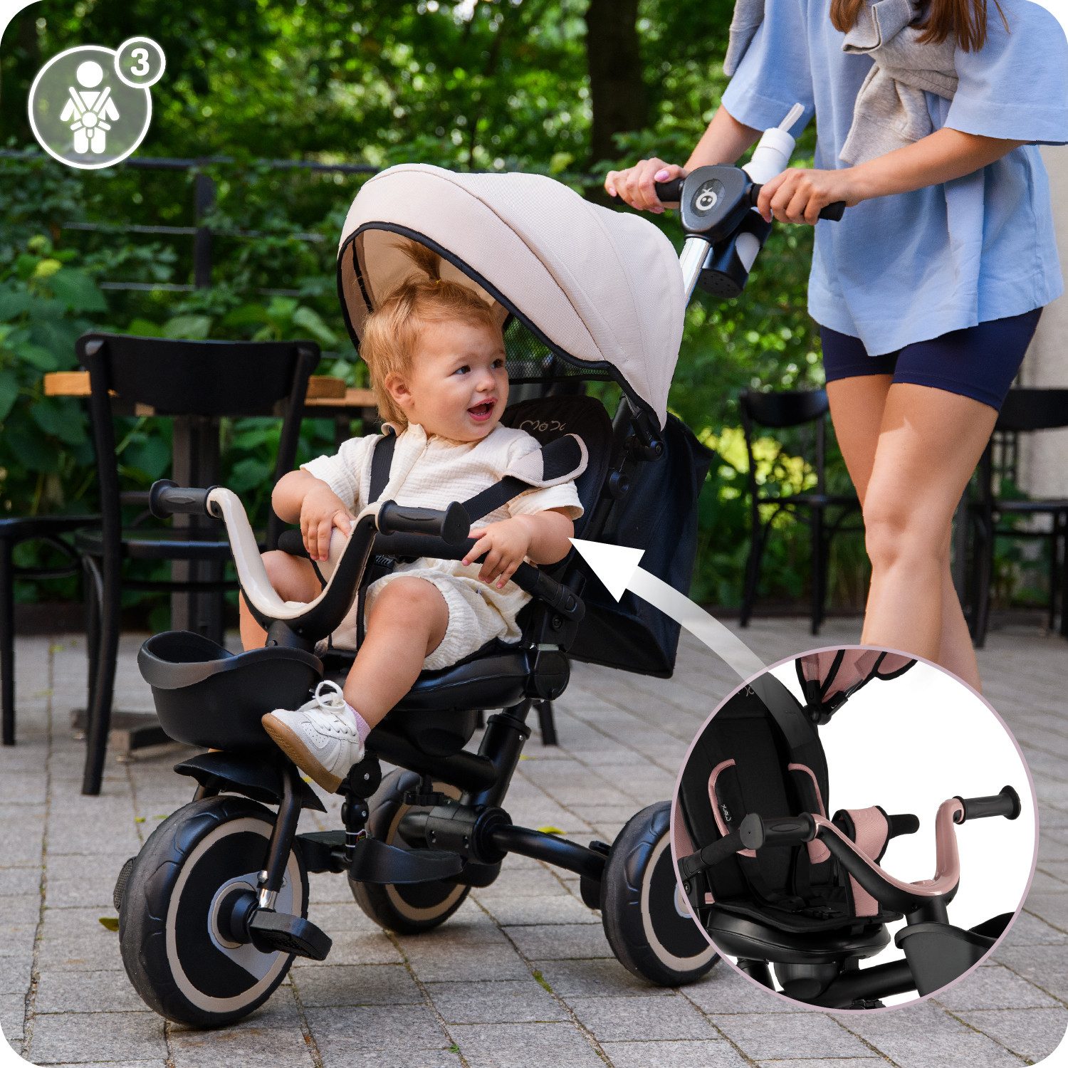 MoMi Dreirad-Kinderwagen Ivi, 360° drehbarer Sitz & höhenverstellbare Schiebestange