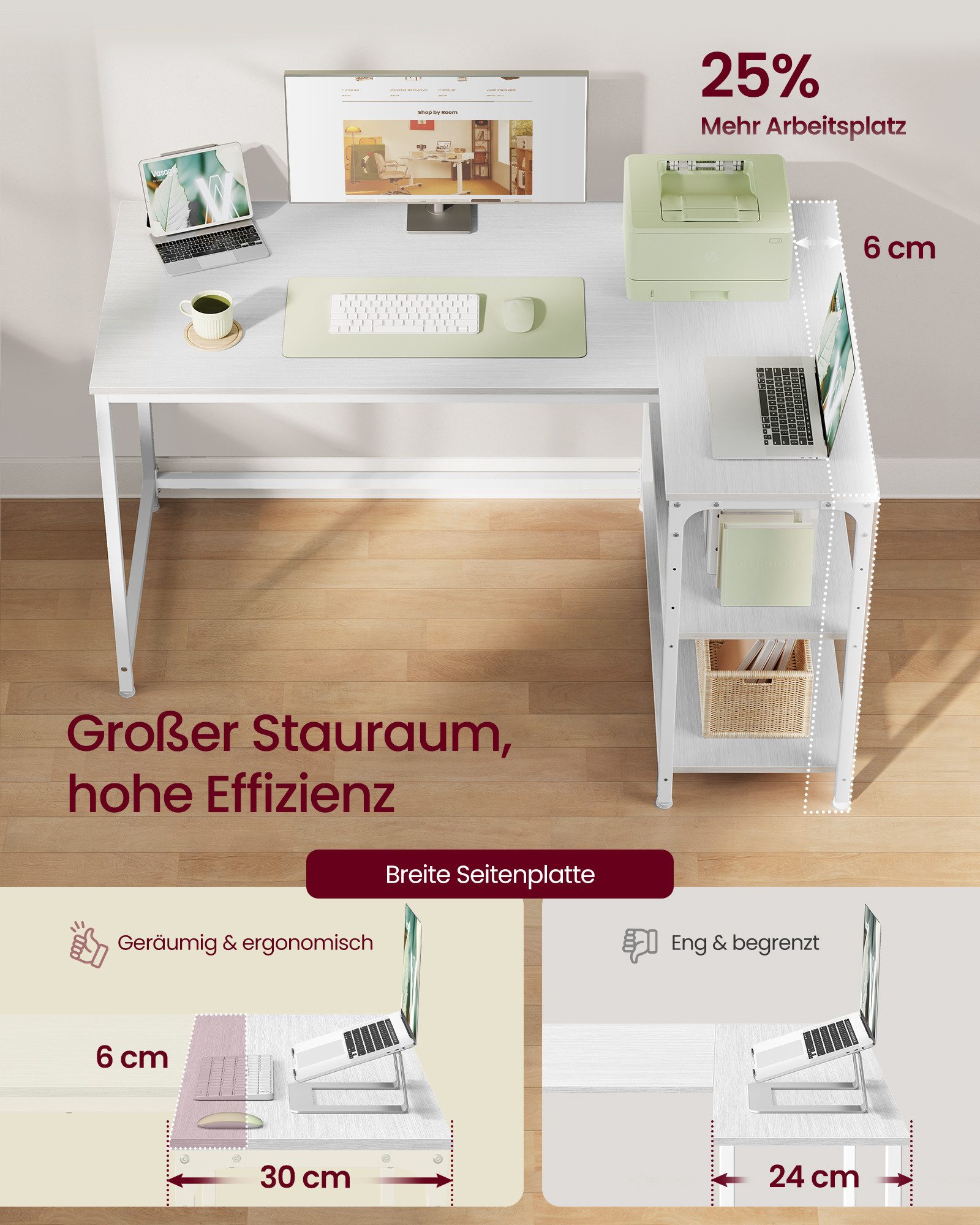 VASAGLE Schreibtisch Eckschreibtisch in L-Form, Computertisch mit Stauraum, Bürotisch, höhenverstellbare Ablage, für Homeoffice, 110/120 cm