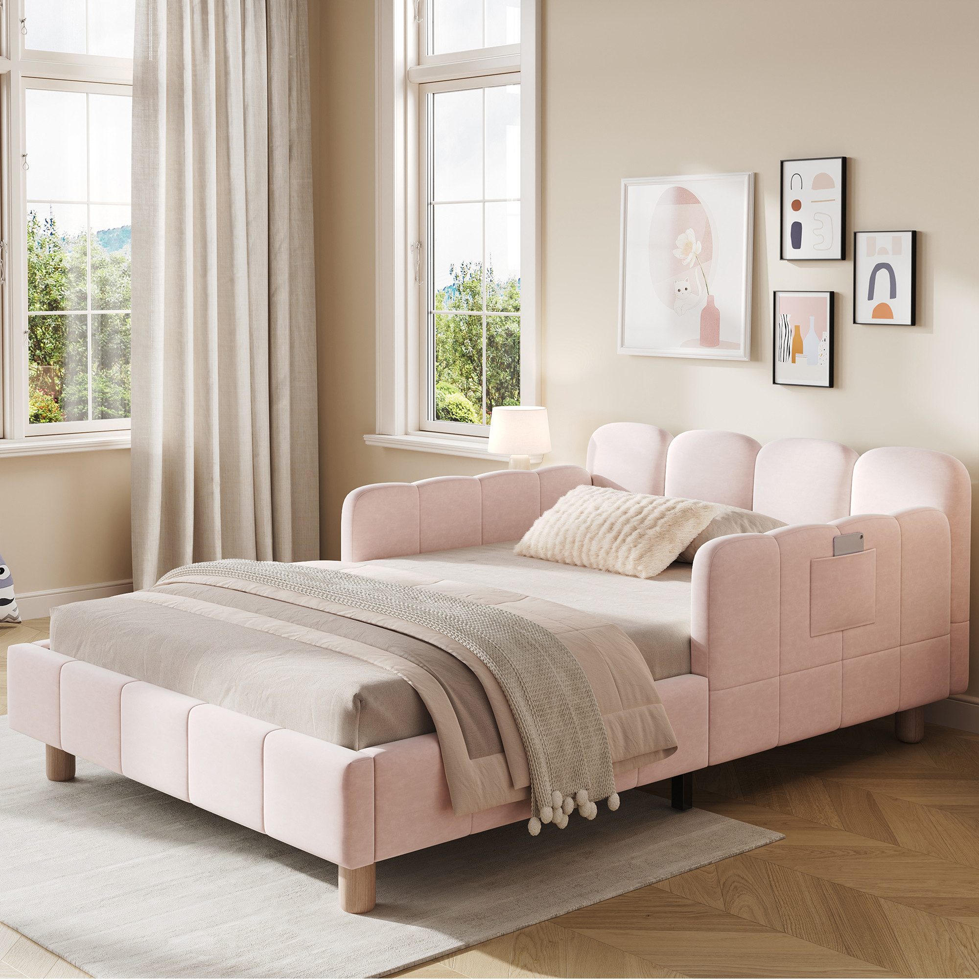 Flieks Polsterbett, Kinderbett Einzelbett 90x200cm mit Polsterkopfteil und Rausfallschutz