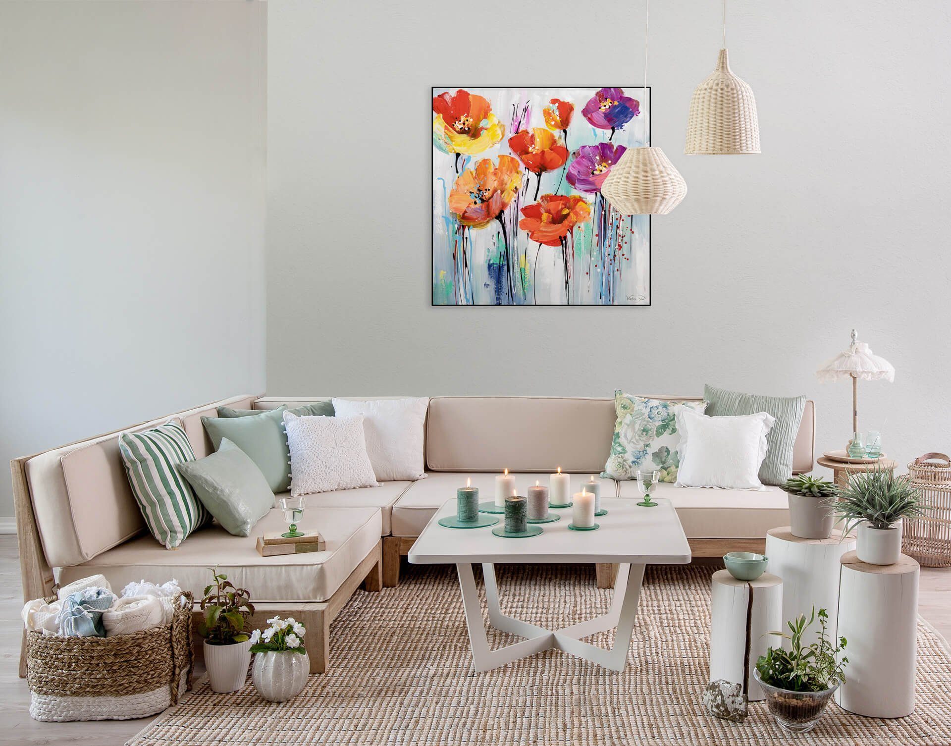 Blumengruß KUNSTLOFT Leinwandbild Gemälde Wohnzimmer 80x80 Bunter 100% Wandbild HANDGEMALT cm,