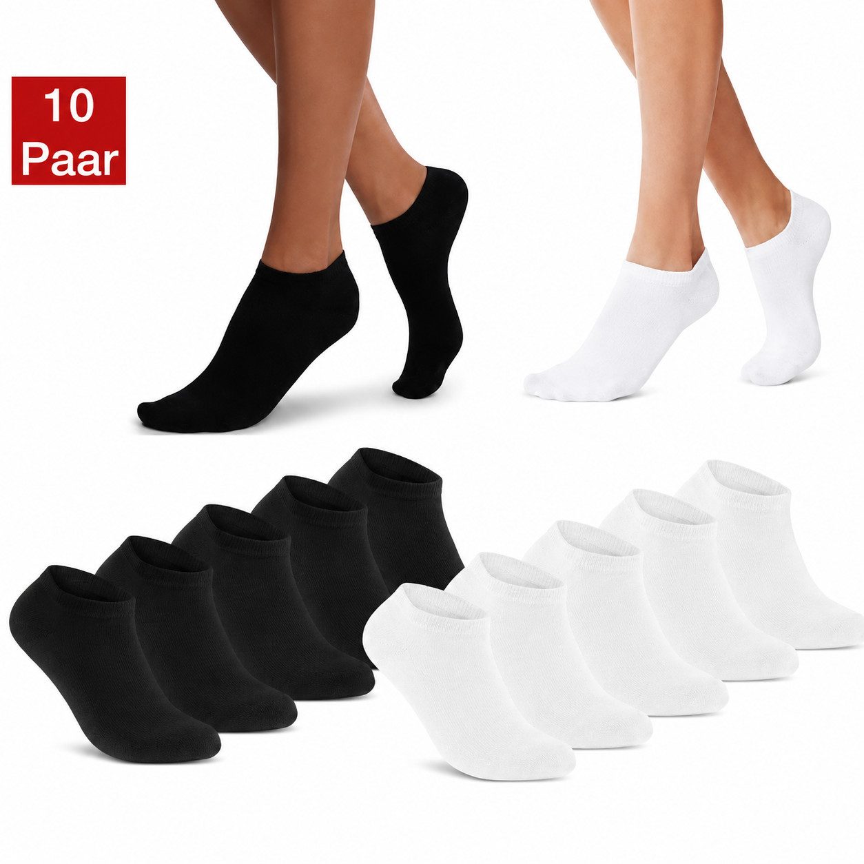 NERS Kurzsocken 10 und 20 Paar Damen & Herren aus Baumwolle, Komfortbund, atmungsaktiv (Packung, 10-Paar, 10) Sneakersocken mit verstärkter Ferse, ohne Gummidruck