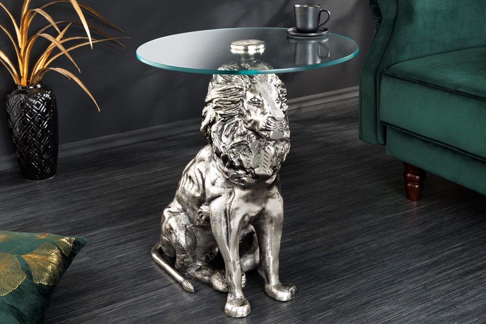 riess-ambiente Beistelltisch WILDLIFE LION 60cm silber antik / transparent · Couchtisch aus Metall (Einzelartikel, 1-St), Wohnzimmertisch mit Glas-Tischplatte · rund · handmade · Löwen-Statue