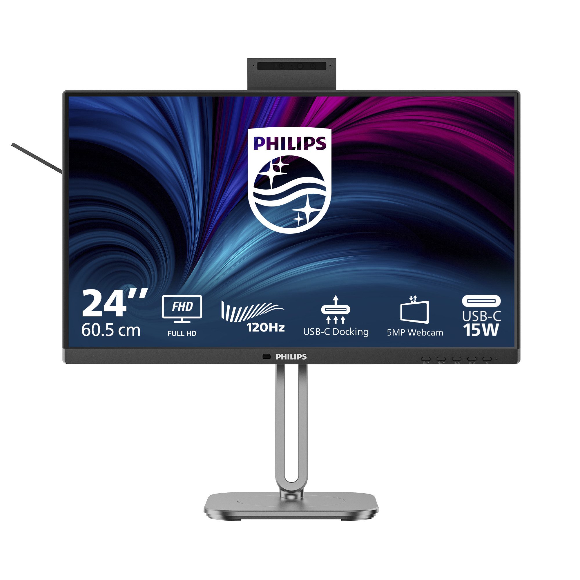 Philips TFT 24B2U4301H 60.5cm IPS 23.8/1920x1080/DP/HDMI/USB-C/Webcam TFT-Monitor (1920 x 1080 px, Full HD, 4 ms Reaktionszeit, 120 Hz, IPS, Eingebautes Mikrofon, Kamera, Lautsprecher, HDCP, Höhenverstellbar)