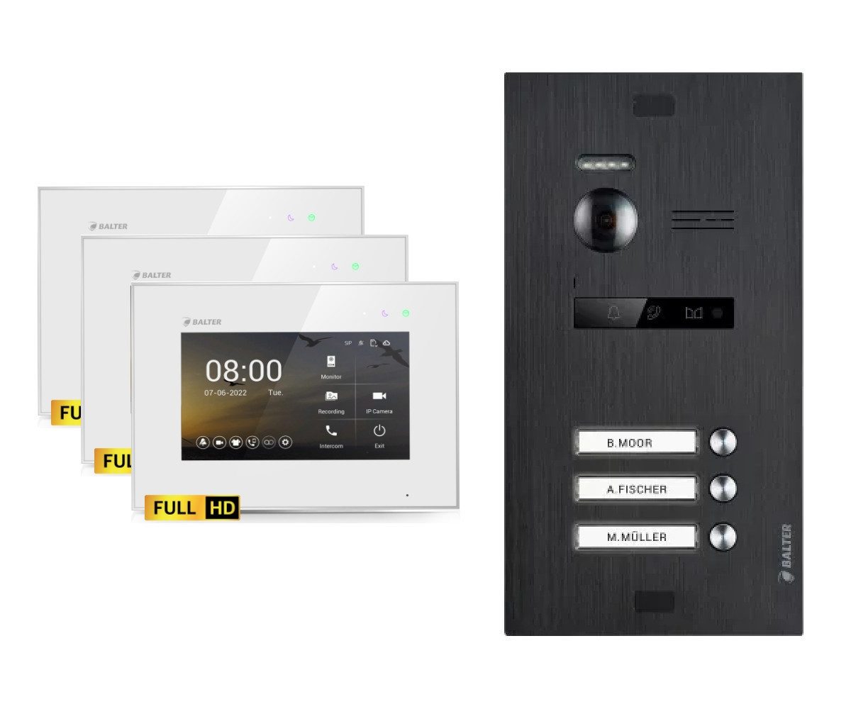 Balter Video-Türsprechanlage EVO-HD Komplettset 3-Familie Schwarz 3x 7" Monitor Weiß (Set, 3-Familienhaus, Komplettset, FullHD Kamera)