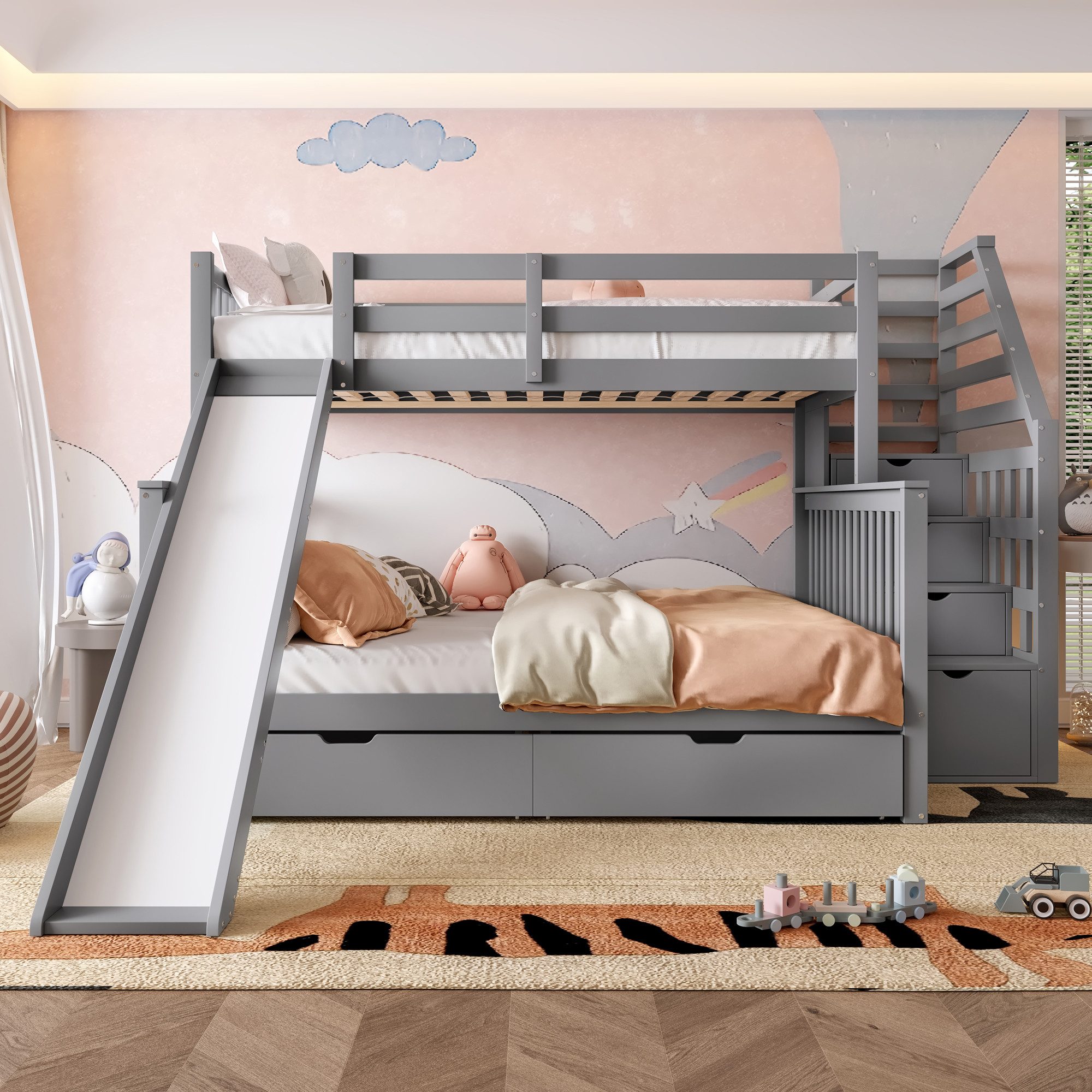 Flieks Etagenbett, Kiefer Kinderbett mit Rutsche & Schubladen 90x200cm+140x günstig online kaufen