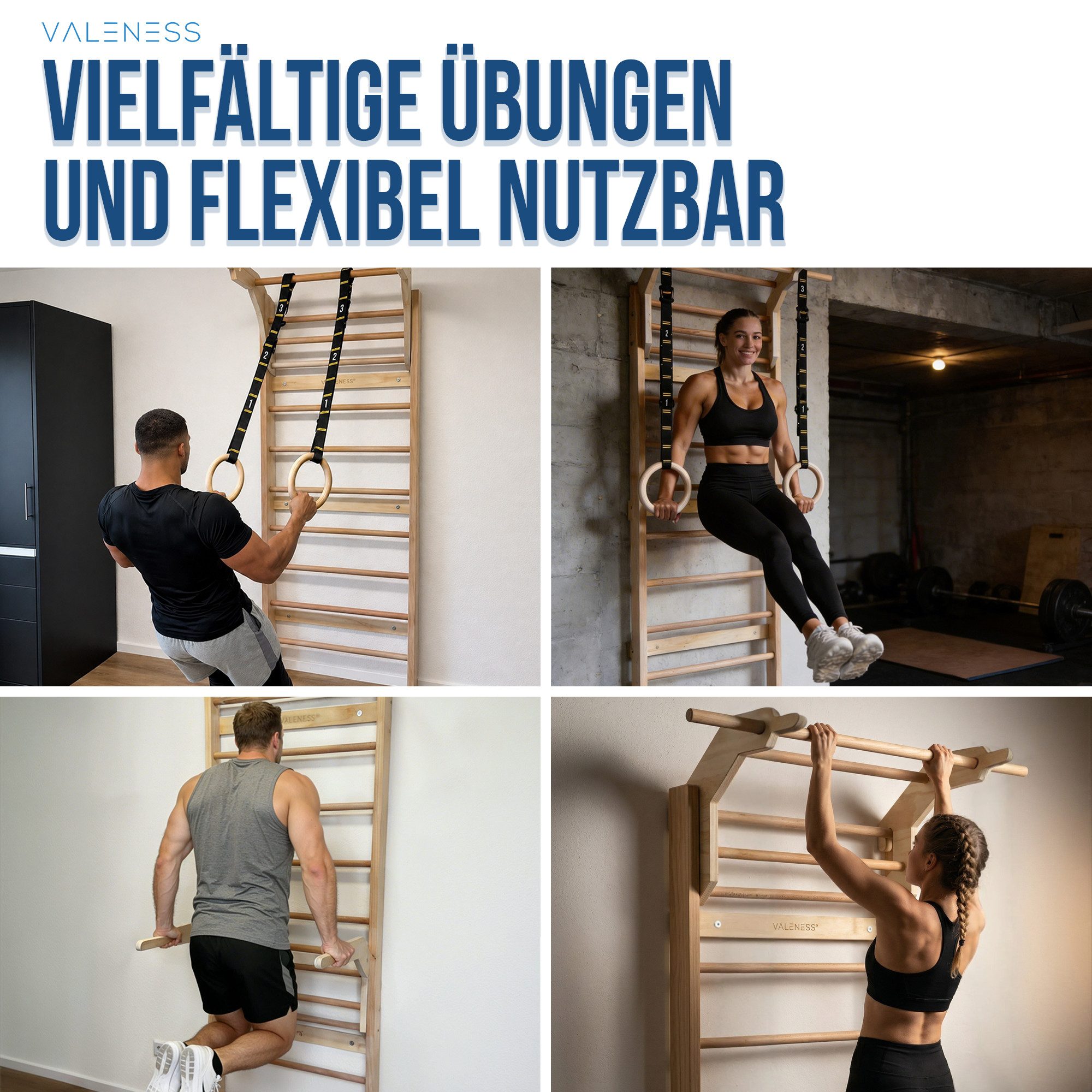 VALENESS Sprossenwand Sprossenwand aus Holz mit Klimmzugstange, Dip-Station & 2 Turnringen