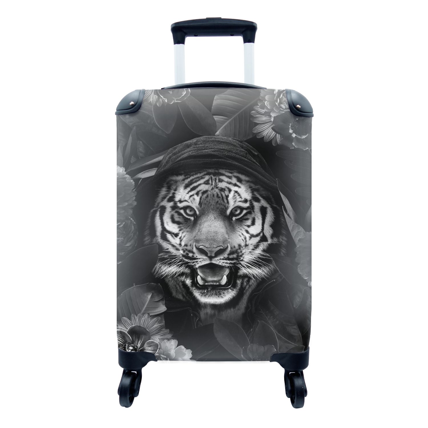 MuchoWow Handgepäckkoffer Tiger mit Kapuze und Blumen - schwarz und weiß, 4 Rollen, Reisetasche mit rollen, Handgepäck für Ferien, Trolley, Reisekoffer