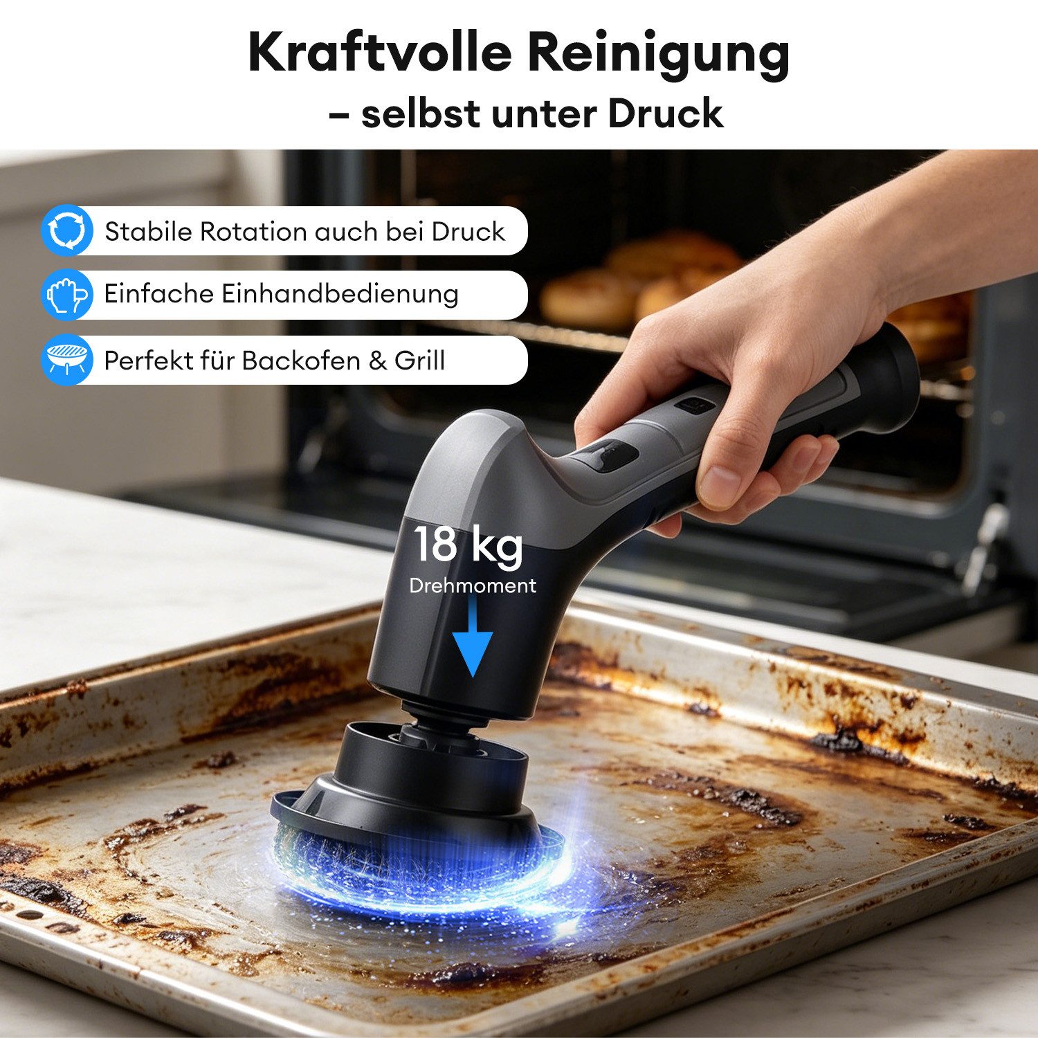 CkeyiN Akku-Oberflächenbürste Elektrische Reinigungsbürste mit 3 Geschwindigkeiten 6 Aufsätzen, 6 cm Bürstendurchmesser, max. 380 U/min, für Fliesen, Boden, Gla – Bild 4 von 5