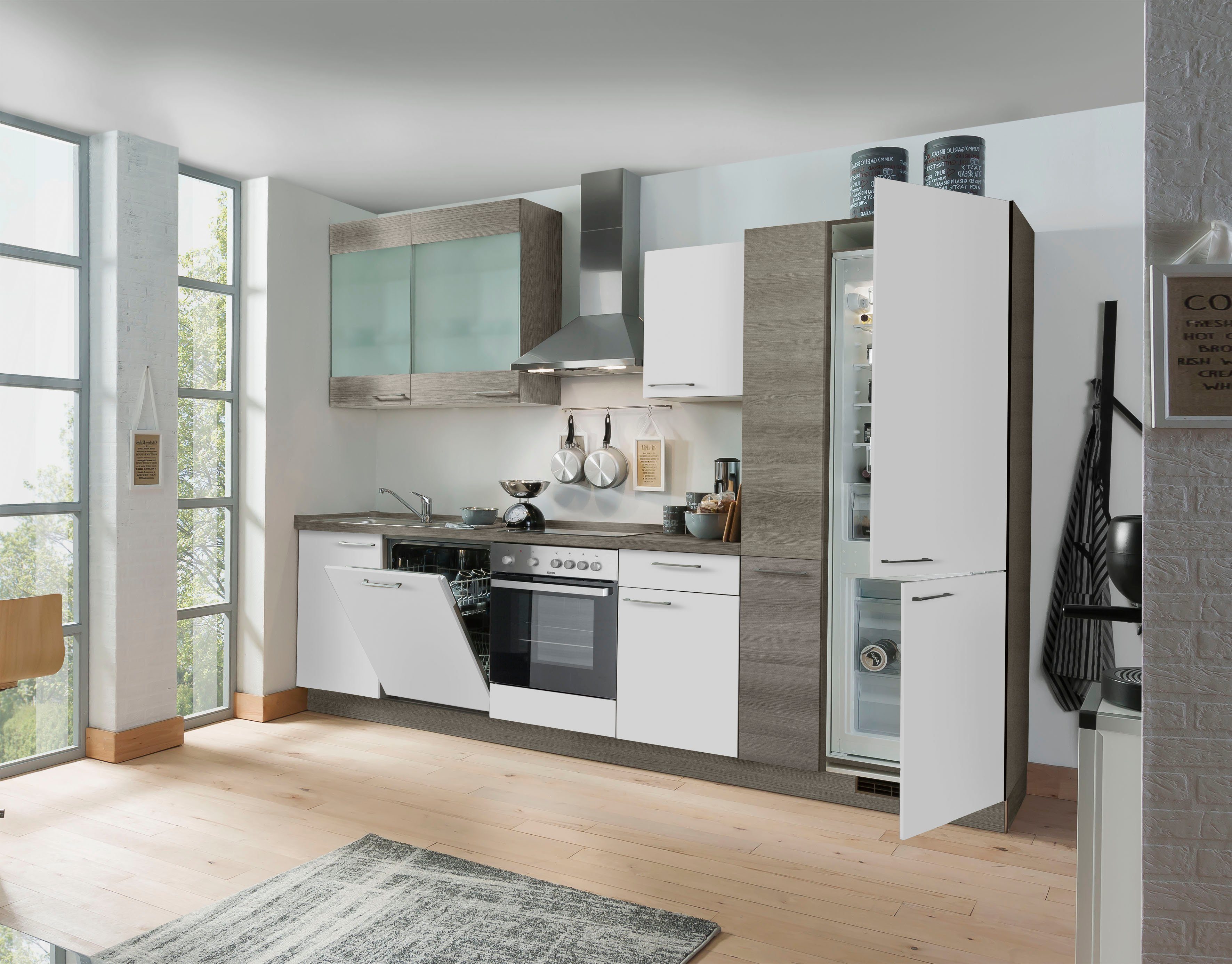 KOCHSTATION Küchenzeile "KS-Trea", wahlweise mit E-Geräten, höhenverstellbare Füße, vormontiert, mit Vollauszug und Soft-Close-Funktion, Breite 310 cm