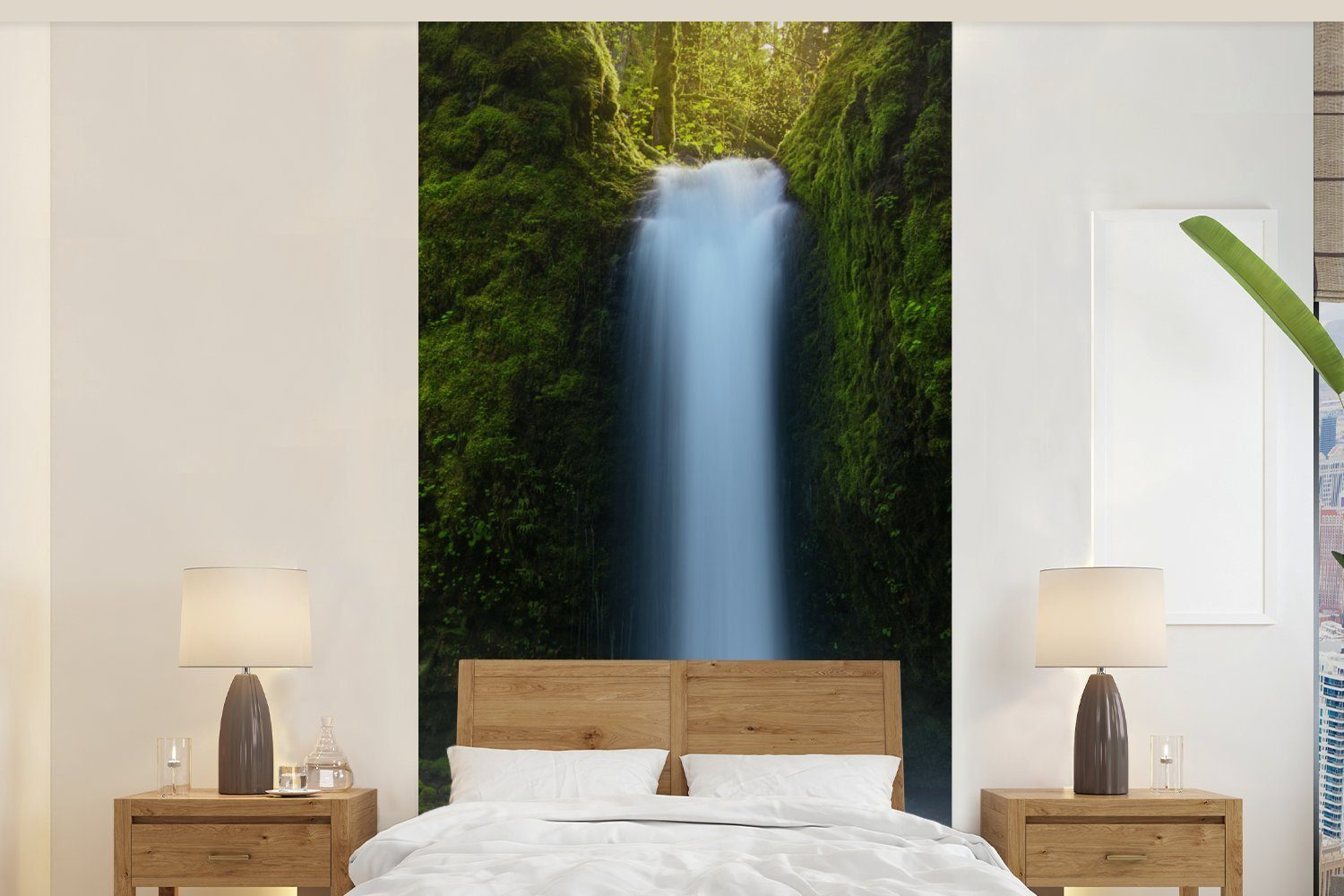 Schlafzimmer Vliestapete bedruckt, - Natur, Küche, - Wohnzimmer (2 St), Fototapete MuchoWow für Dschungel Matt, Wasserfall Fototapete