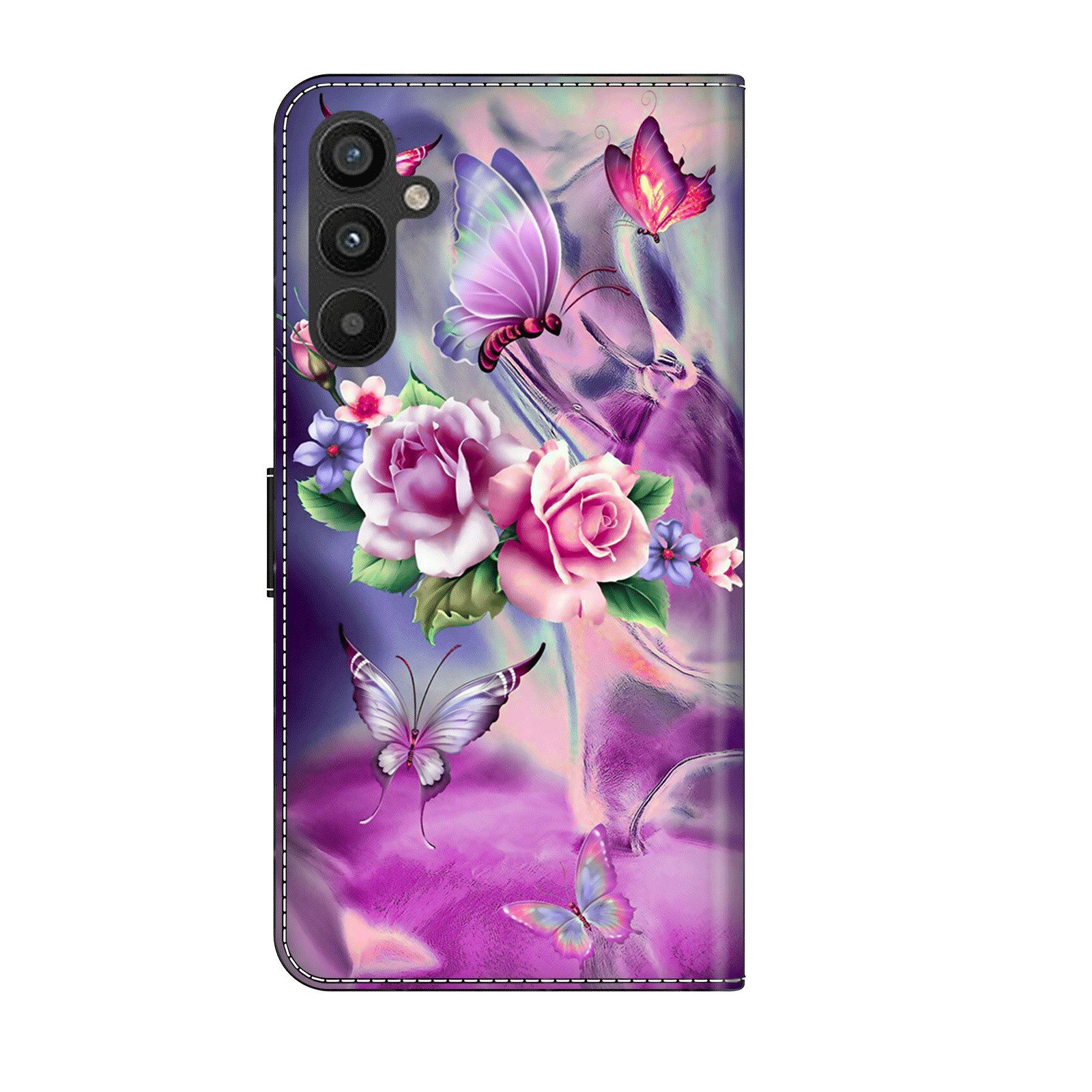 CLM-Tech Handytasche für Samsung Galaxy A16 / A17 5G Hülle aus Kunstleder Klapphülle (lila Blumen Schmetterlinge, Handyhülle mit Standfunktion - Wallet Flip Case inklusive Kartenfächer), Cover mit Magnetverschluss - Samsung Galaxy A16 5G Schutzhülle