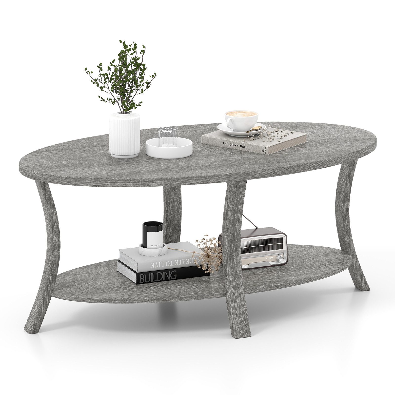 COSTWAY Couchtisch, ovaler Wohnzimmertisch mit Ablage, Holz günstig online kaufen