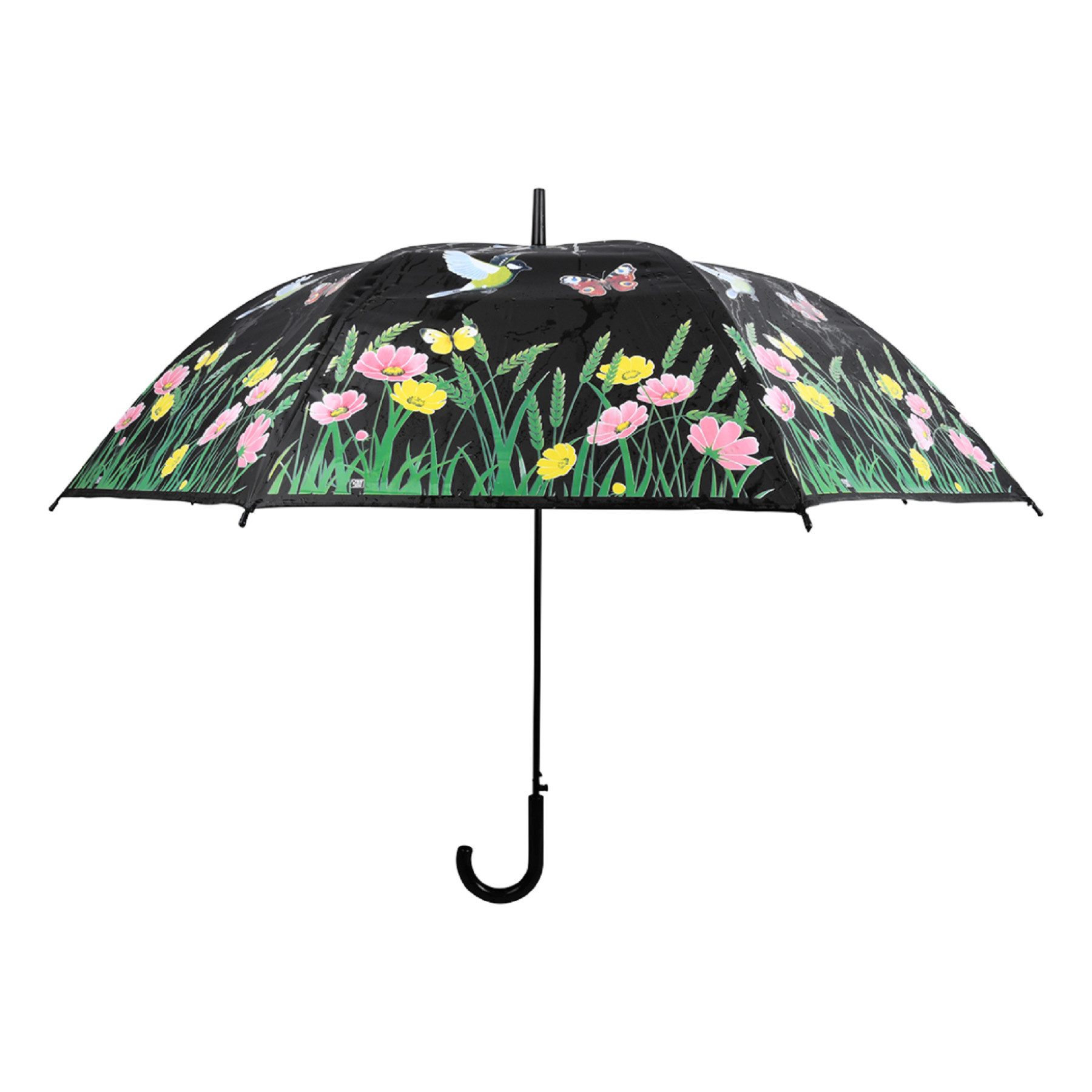 degawo Stockregenschirm Farbwechsel bei Nässe Regenschirm Schwarz bunte Schmetterlinge Blumen