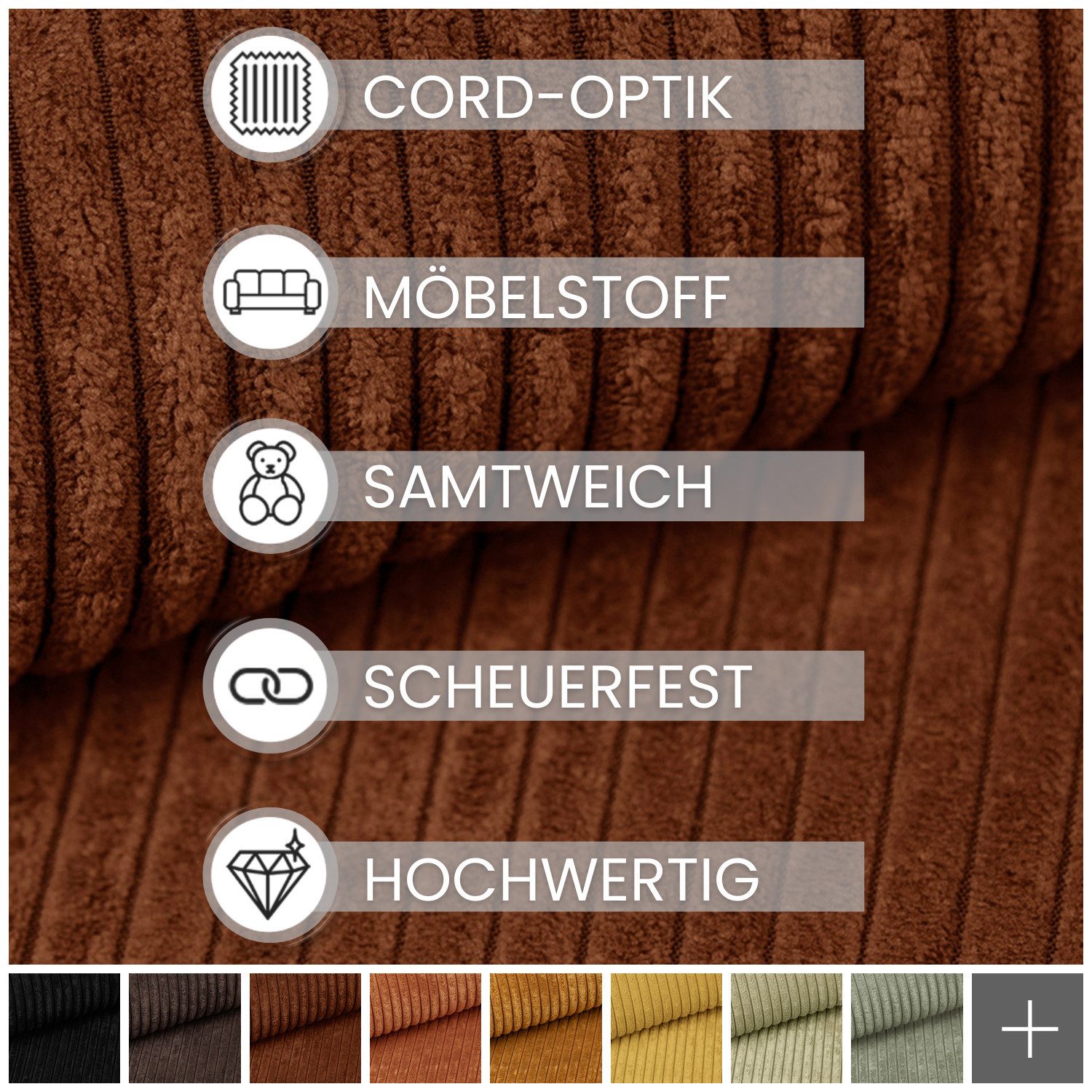 novely® Stoff PORTO - Polsterstoff in Breitcord-Optik - Ultraweicher Möbelstoff, Samtige Haptik, Reißfest, Fusselfrei, Robust, Meterware, 1lfm