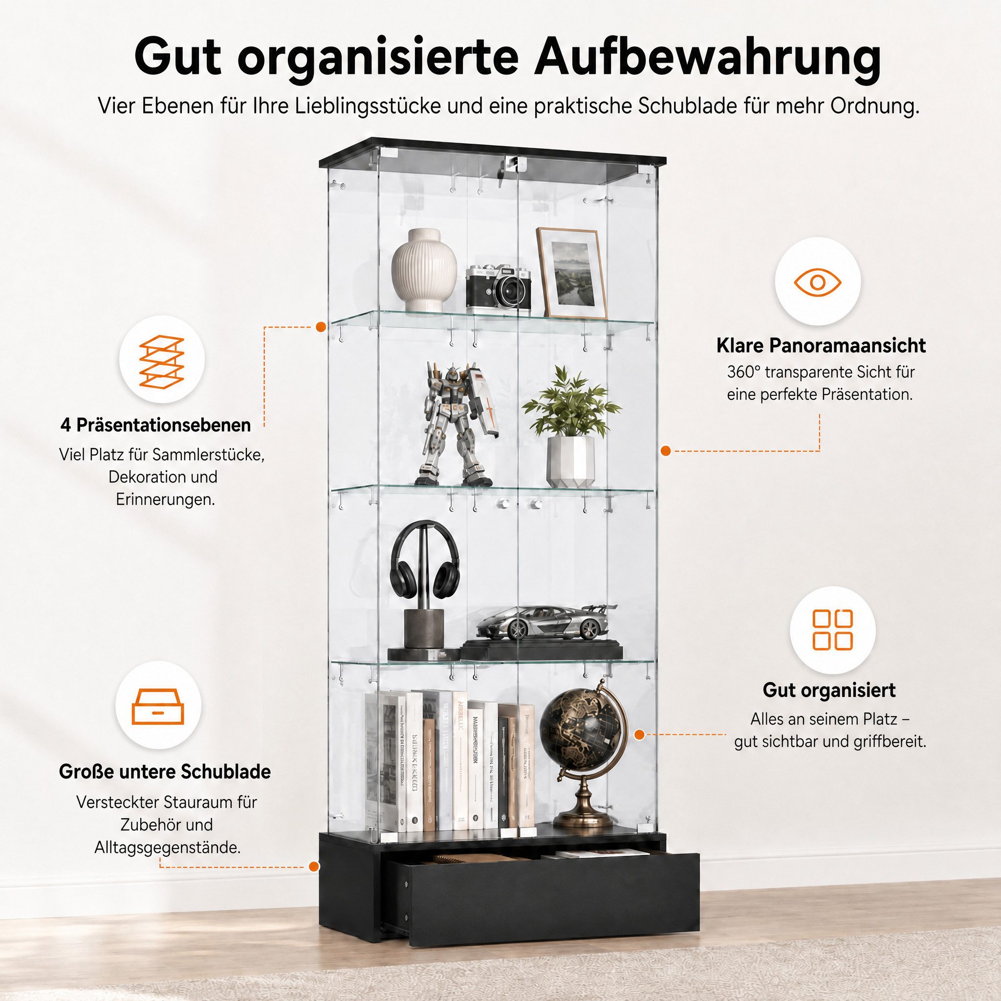 FUFU&GAGA Glasvitrine LED Sammlervitrine 175-200cm hoch, Push-to-Open, Weiß/Schwarz – Bild 5 von 5