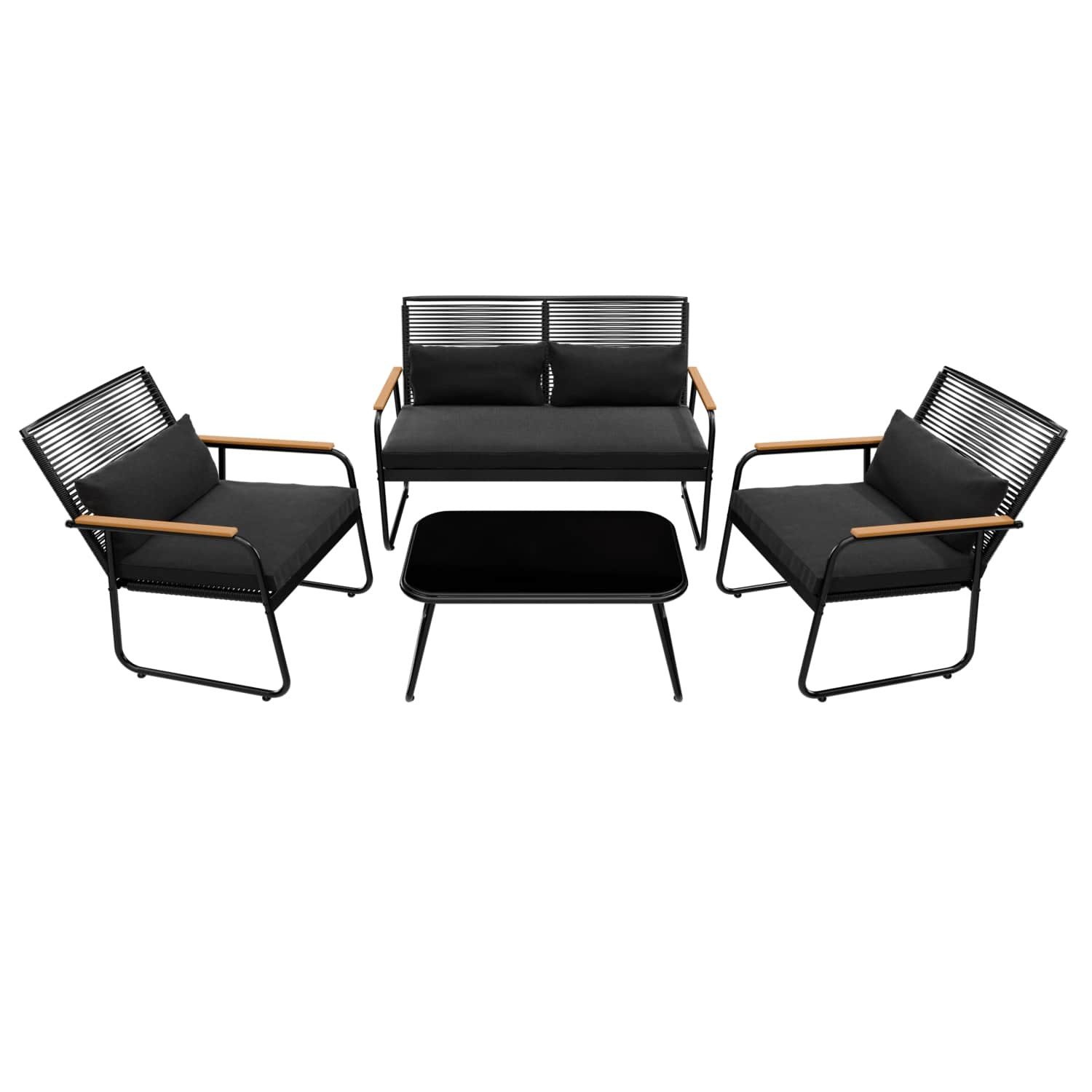 GARMIO Gartenlounge-Set Sitzgruppe Gartenlounge Set, (inkl. Kissen, 4-teilig mit Stühlen, Sitzbank und Tisch), wetterfest und belastbar