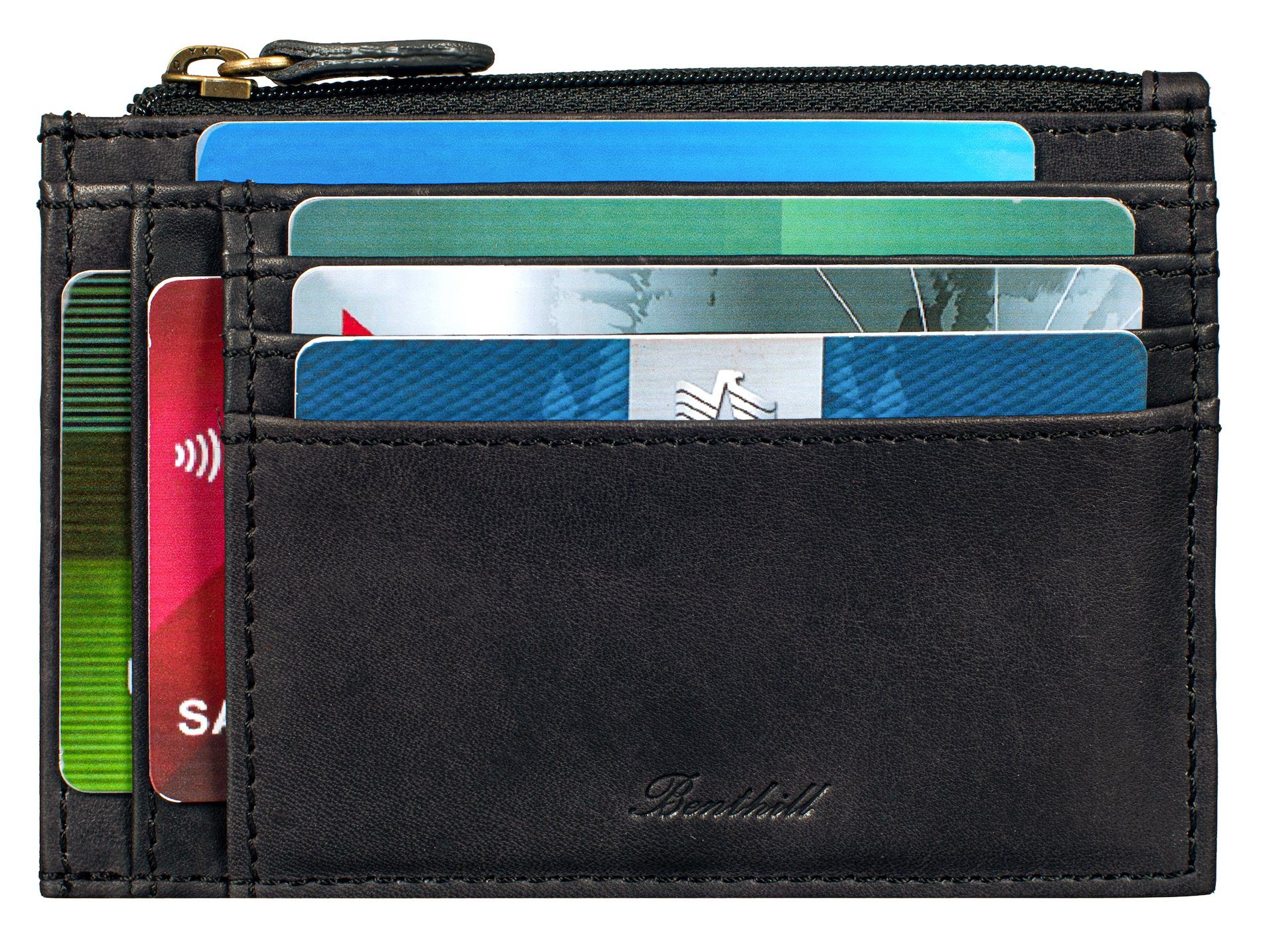 Benthill Kartenetui Kreditkartenetui Slim Portemonnaie Echt Leder Geldbörse Mini Wallet, RFID-Schutz Kartenfächer Münzfach Reißverschlussfach – Bild 4 von 5