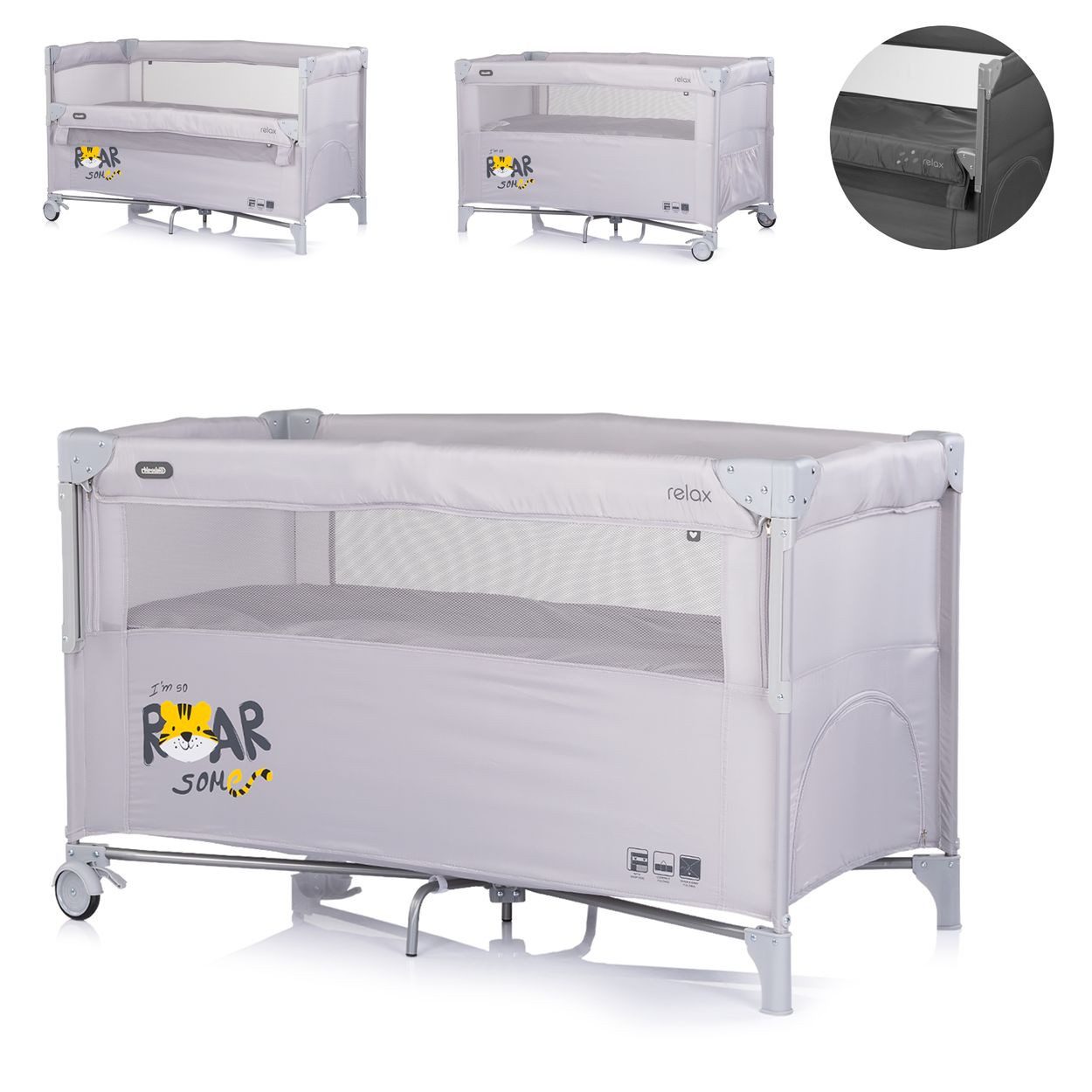 Chipolino Baby-Reisebett Relax, 2 Ebenen, als Beistellbett nutzbar, Seiteneingang, Faltmatratze