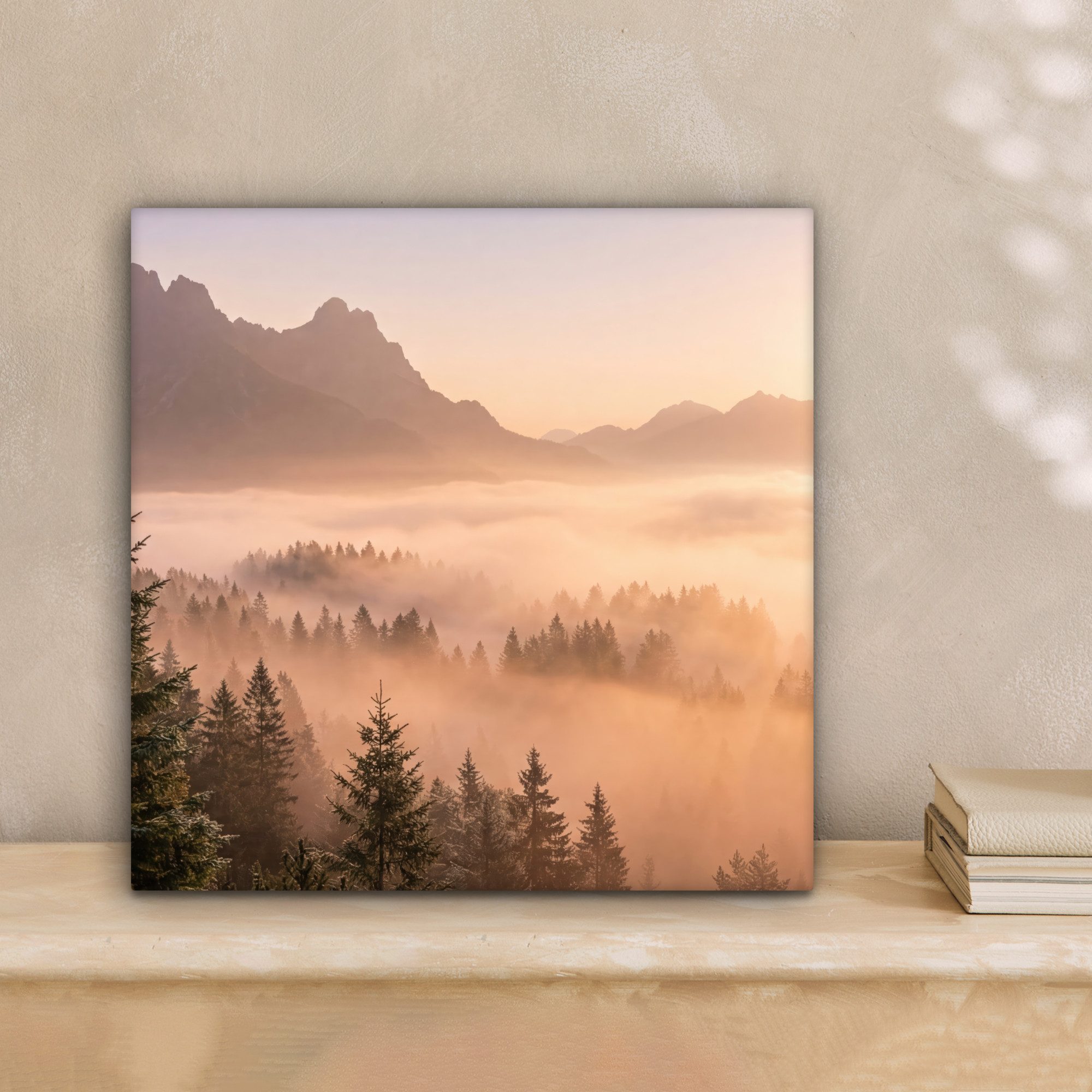 OneMillionCanvasses® Leinwandbild Sonnenlicht - Nebel - Berge - Bäume, Fotodruck (1 St), Wandbild, Deko Schlafzimmer Wohnzimmer Flur 20x20 cm – Bild 2 von 5