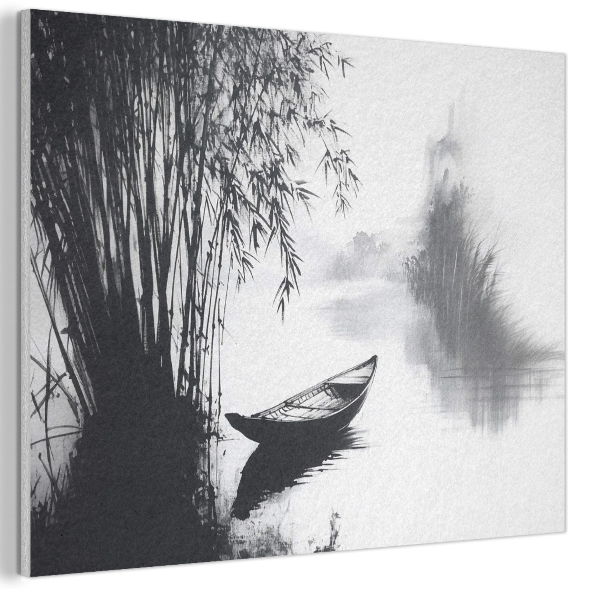 MuchoWow Gemälde Boot - Fluss - Bambus - Weiß, Fotodruck (1 St), Akustikpaneele PET-Filz, Akustikbild, Schalldämmung, Deko 40x30 cm